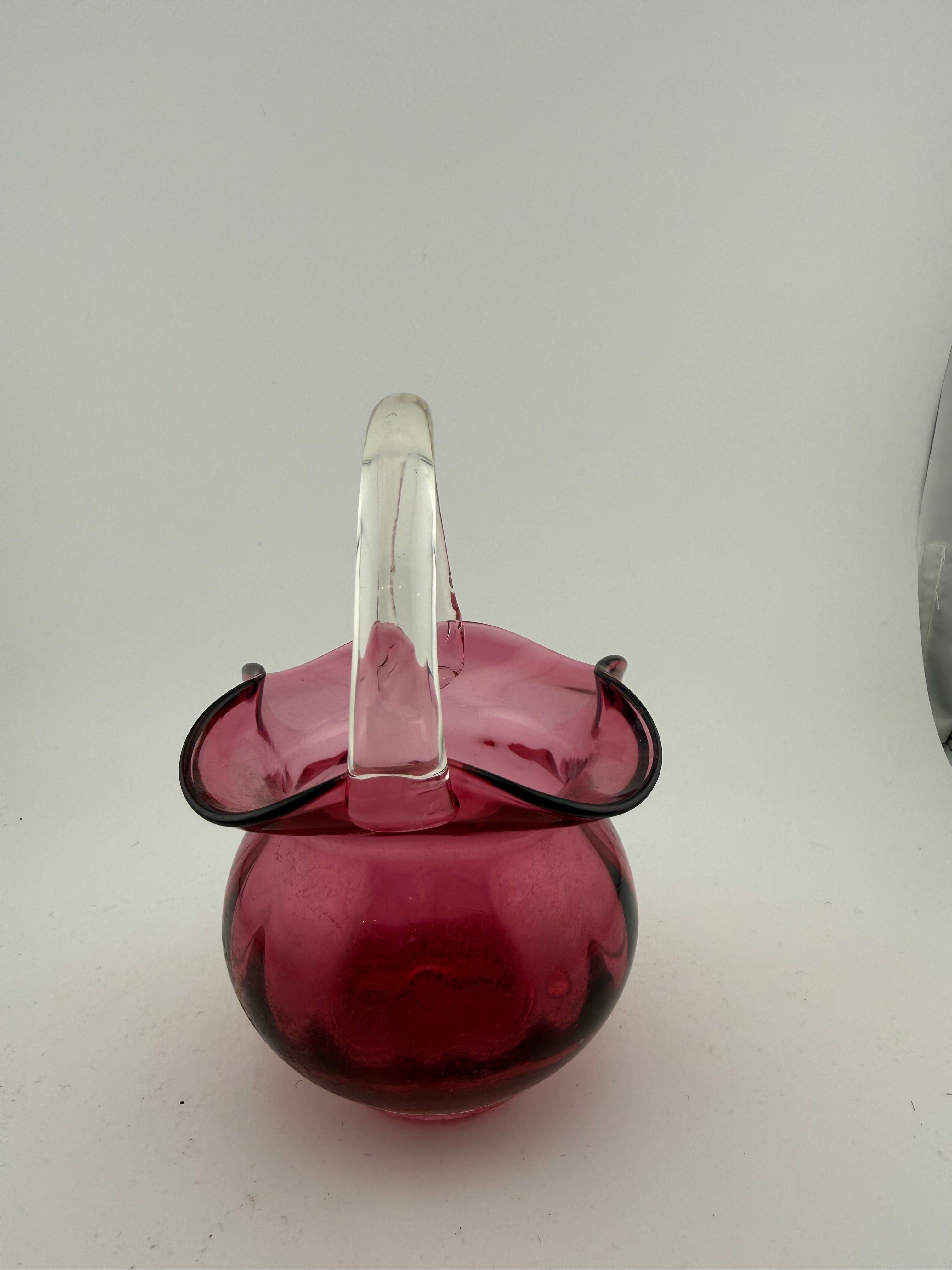 Vintage Cranberry Glass Basket with Clear Applied Handle and Ruffled Rim