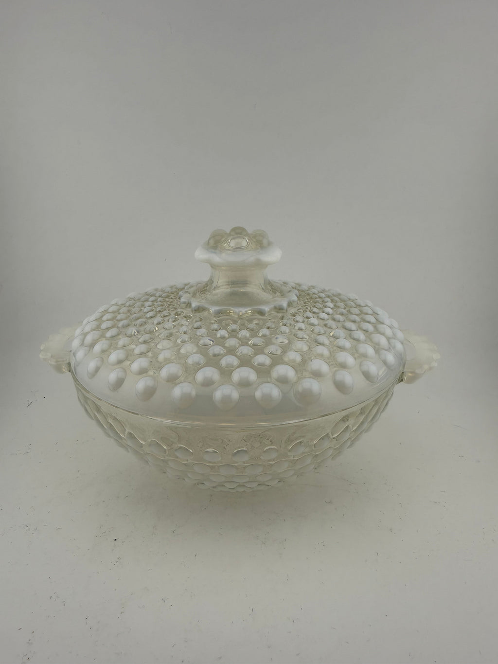 Vintage Fenton Opalescent Hobnail Glass Covered Candy Dish with Handles