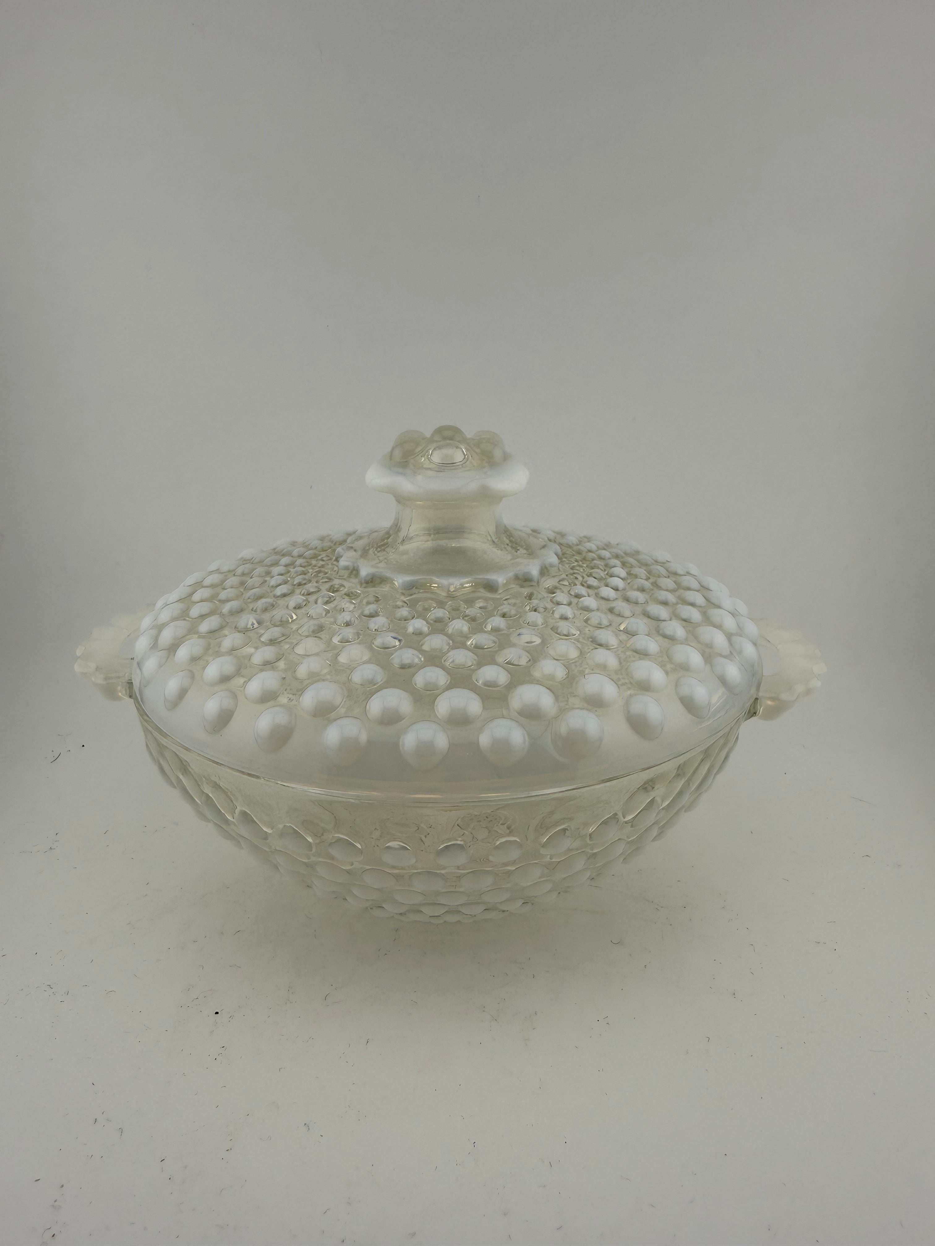 Vintage Fenton Opalescent Hobnail Glass Covered Candy Dish with Handles