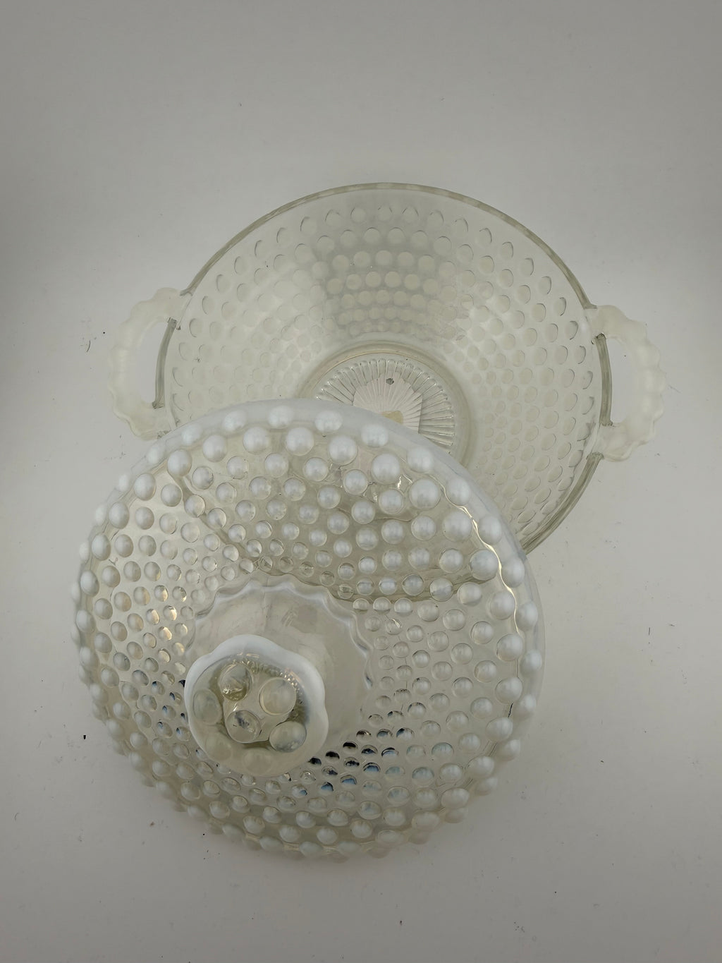 Vintage Fenton Opalescent Hobnail Glass Covered Candy Dish with Handles