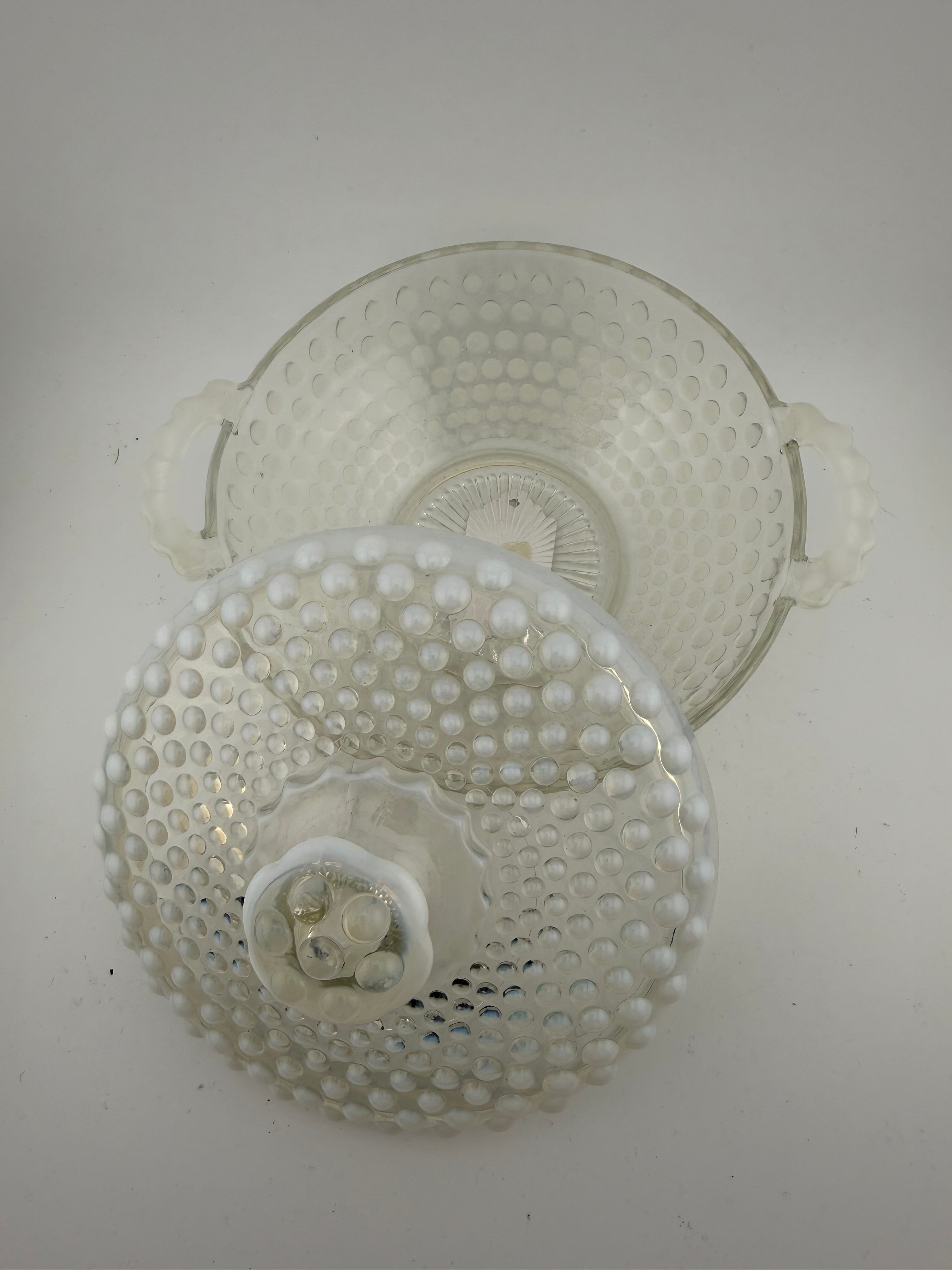 Vintage Fenton Opalescent Hobnail Glass Covered Candy Dish with Handles