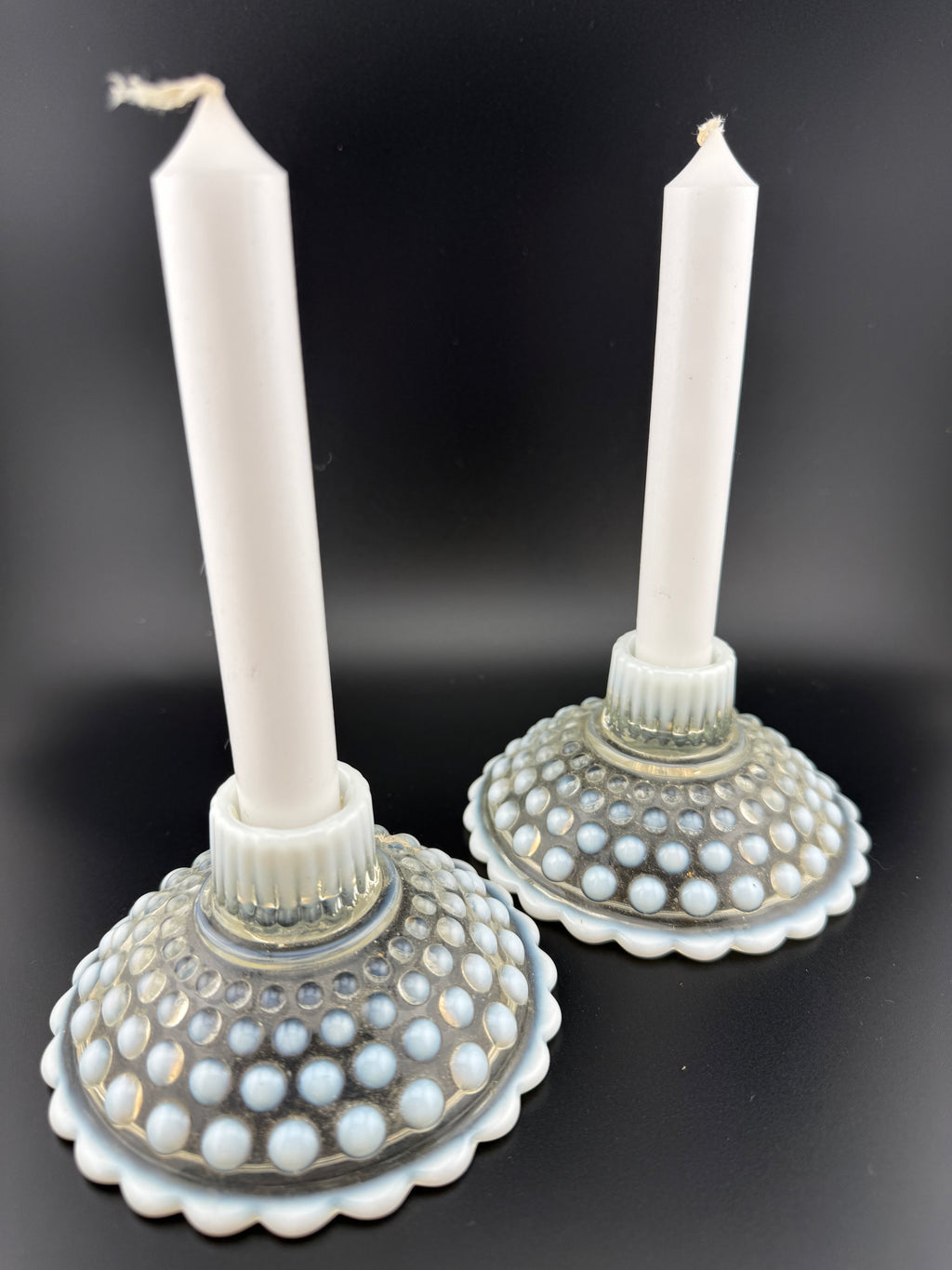 Vintage Opalescent Hobnail Glass Candlestick Holders, Pair
