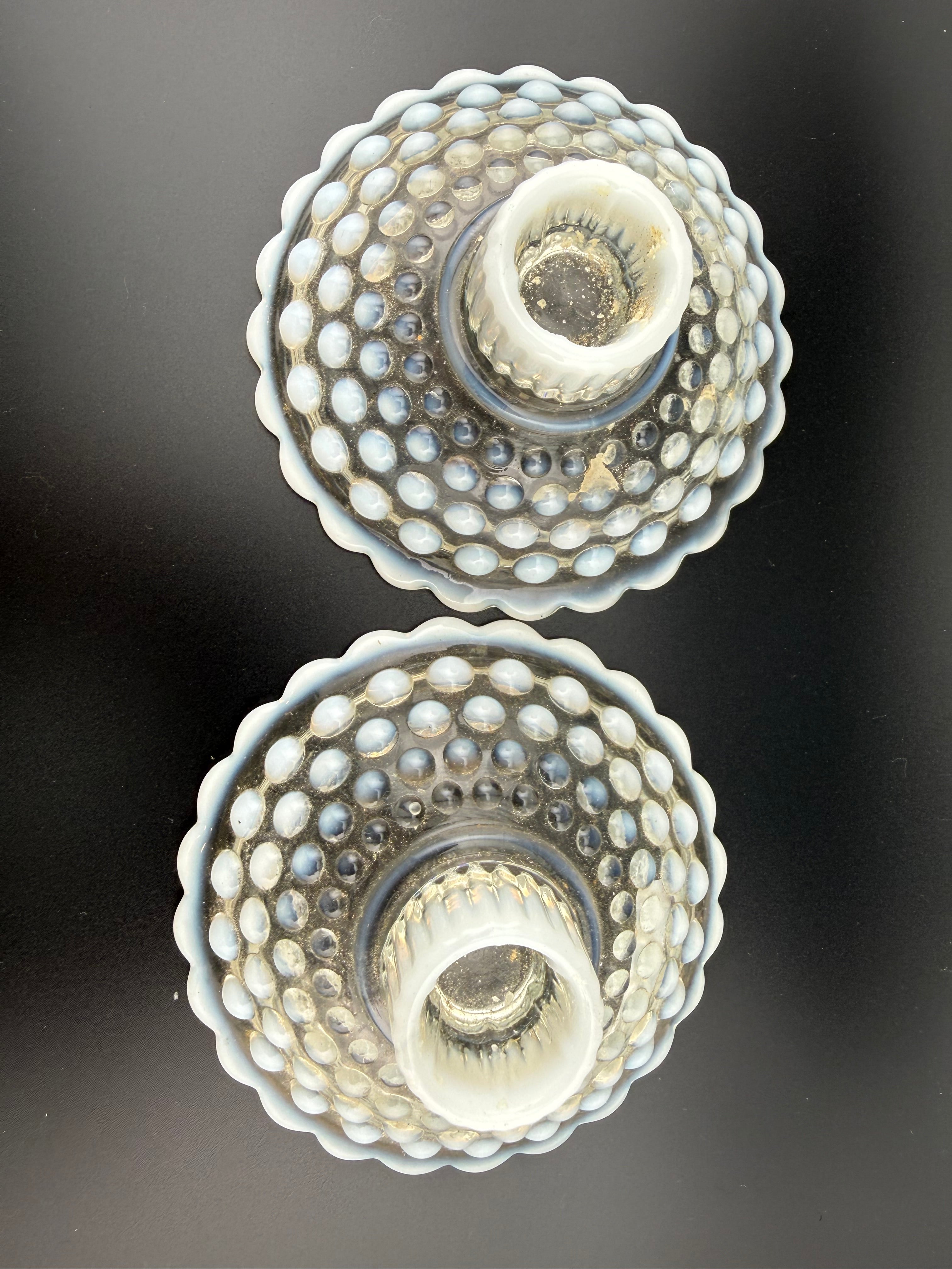 Vintage Opalescent Hobnail Glass Candlestick Holders, Pair