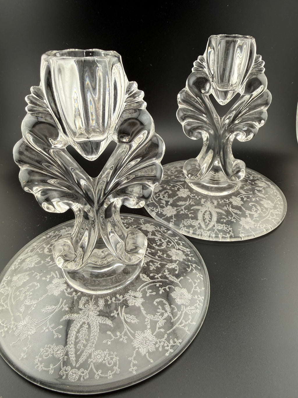 Vintage Etched Glass Candlestick Holders with Leaf Stem and Floral Base, Pair