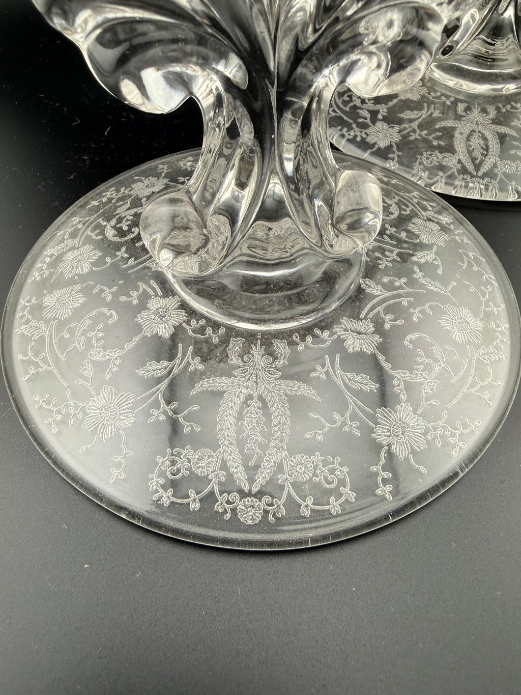 Vintage Etched Glass Candlestick Holders with Leaf Stem and Floral Base, Pair