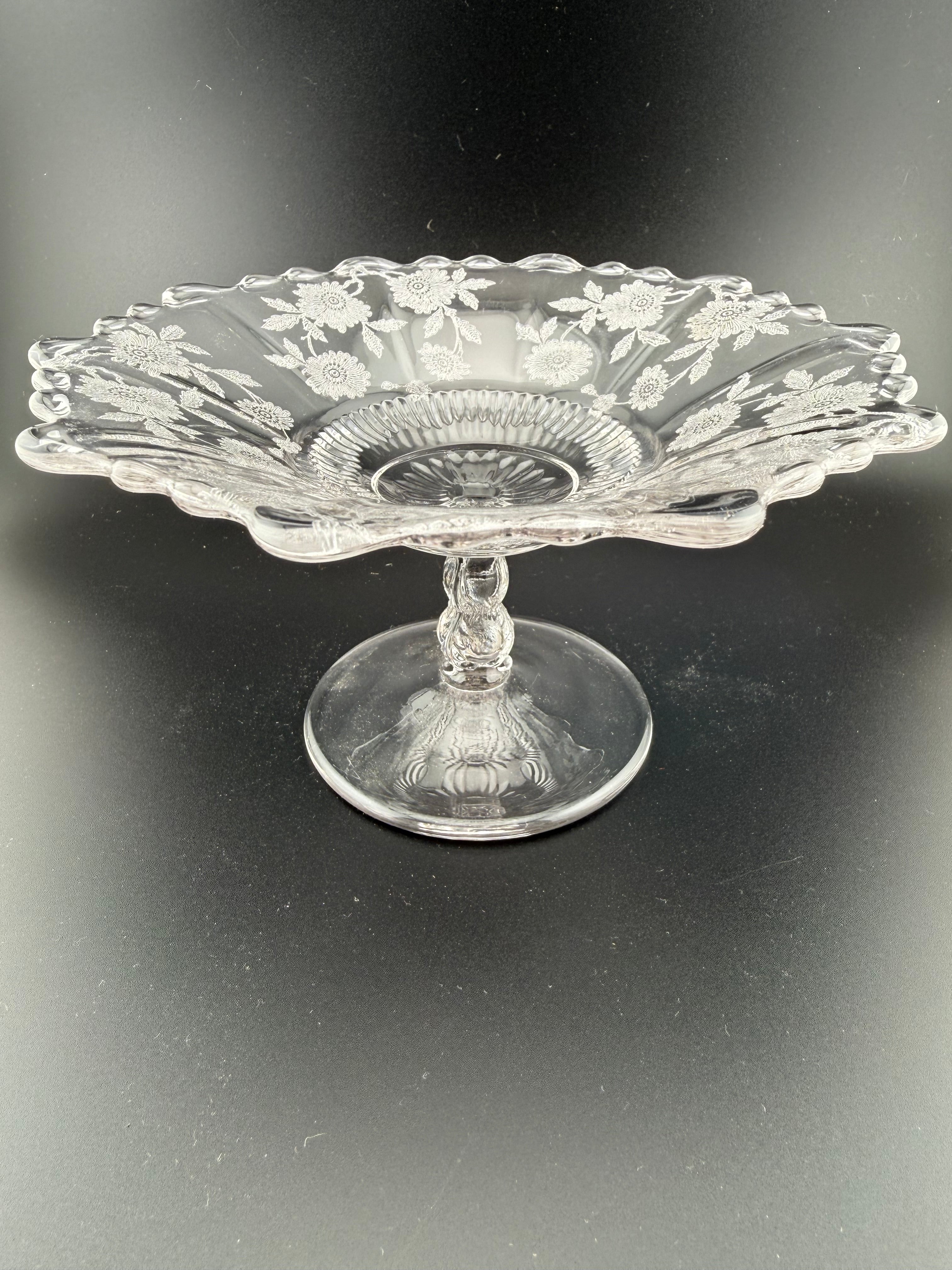 Vintage Etched Glass Compote with Floral Pattern and Twisted Stem