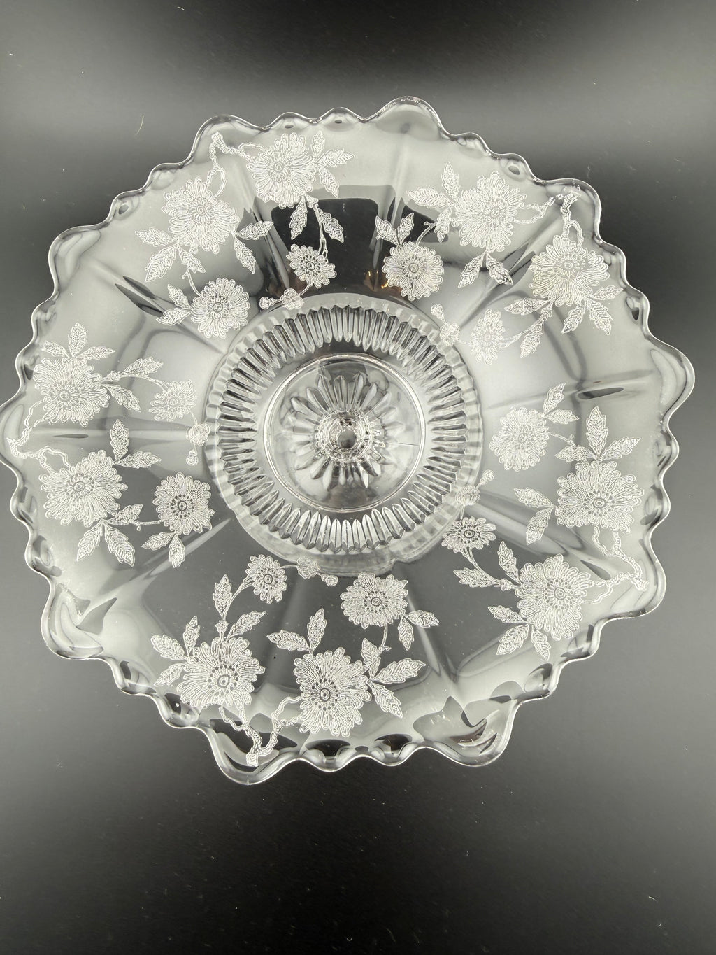 Vintage Etched Glass Compote with Floral Pattern and Twisted Stem