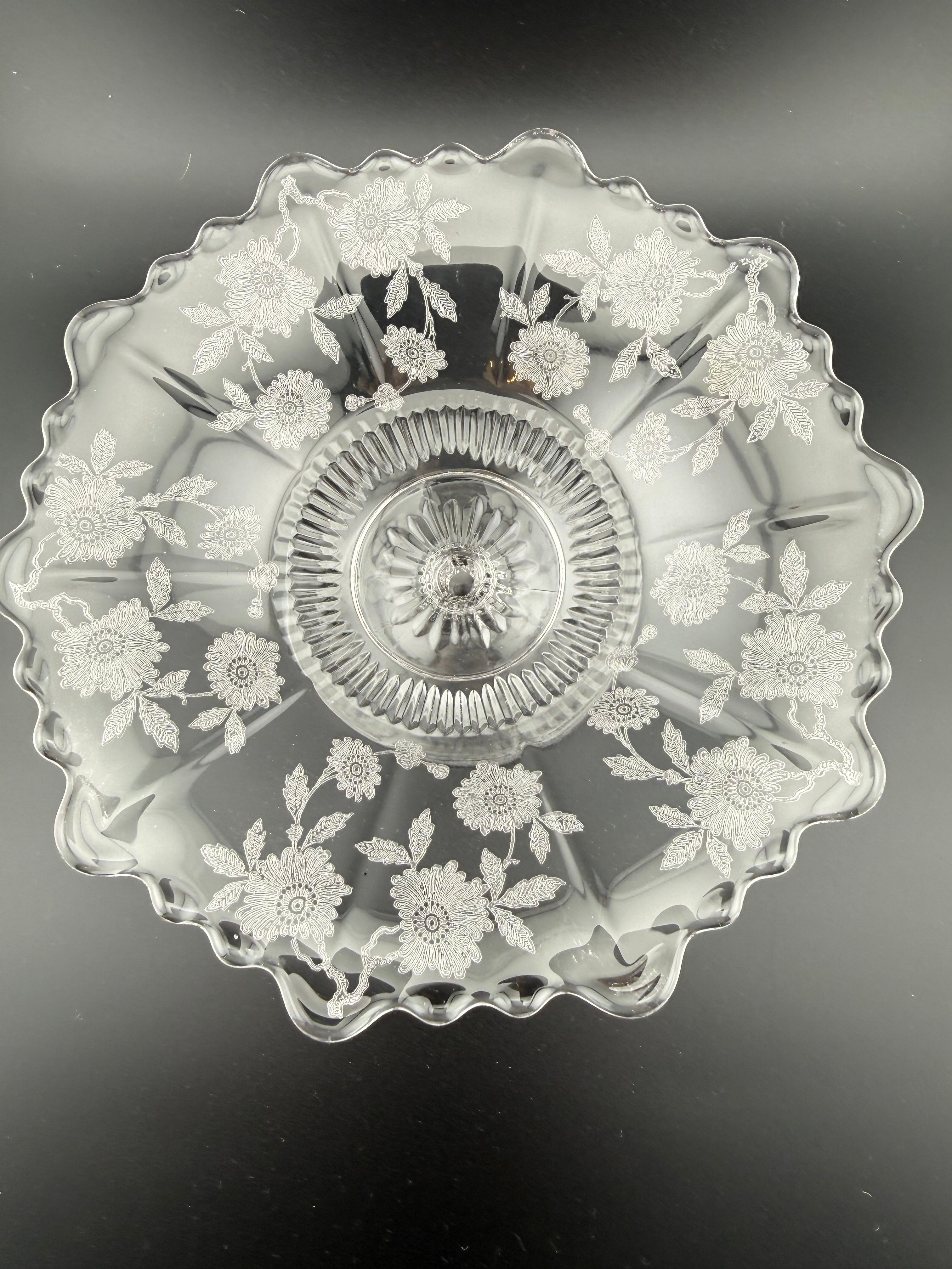 Vintage Etched Glass Compote with Floral Pattern and Twisted Stem