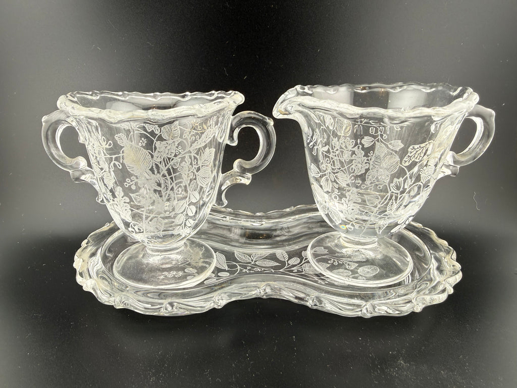 Vintage Etched Glass Cream and Sugar Set with Matching Tray