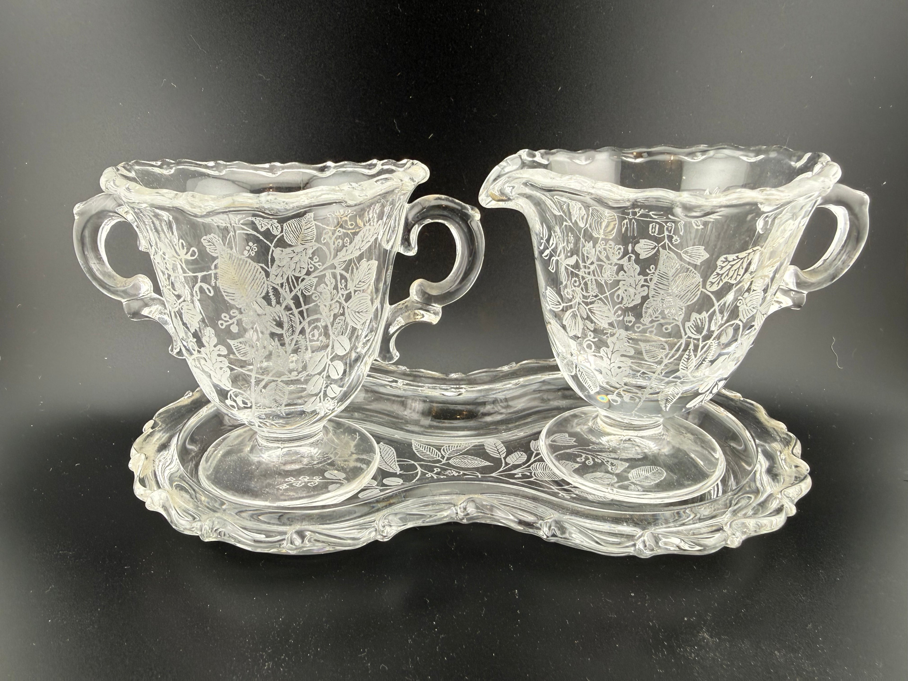 Vintage Etched Glass Cream and Sugar Set with Matching Tray