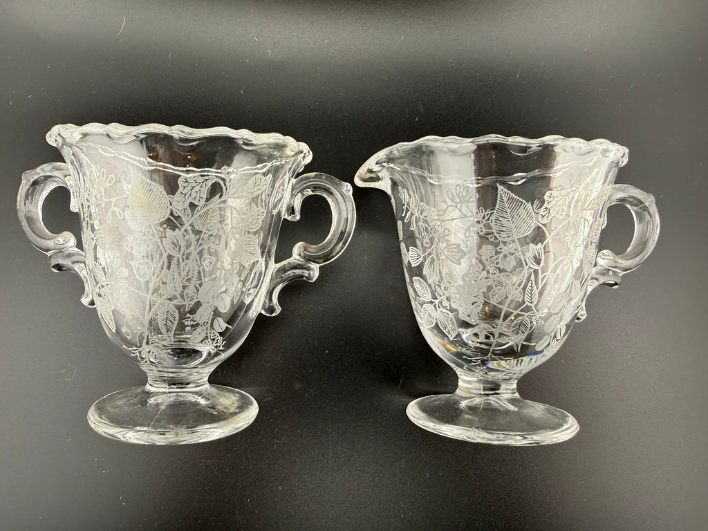 Vintage Etched Glass Cream and Sugar Set with Matching Tray