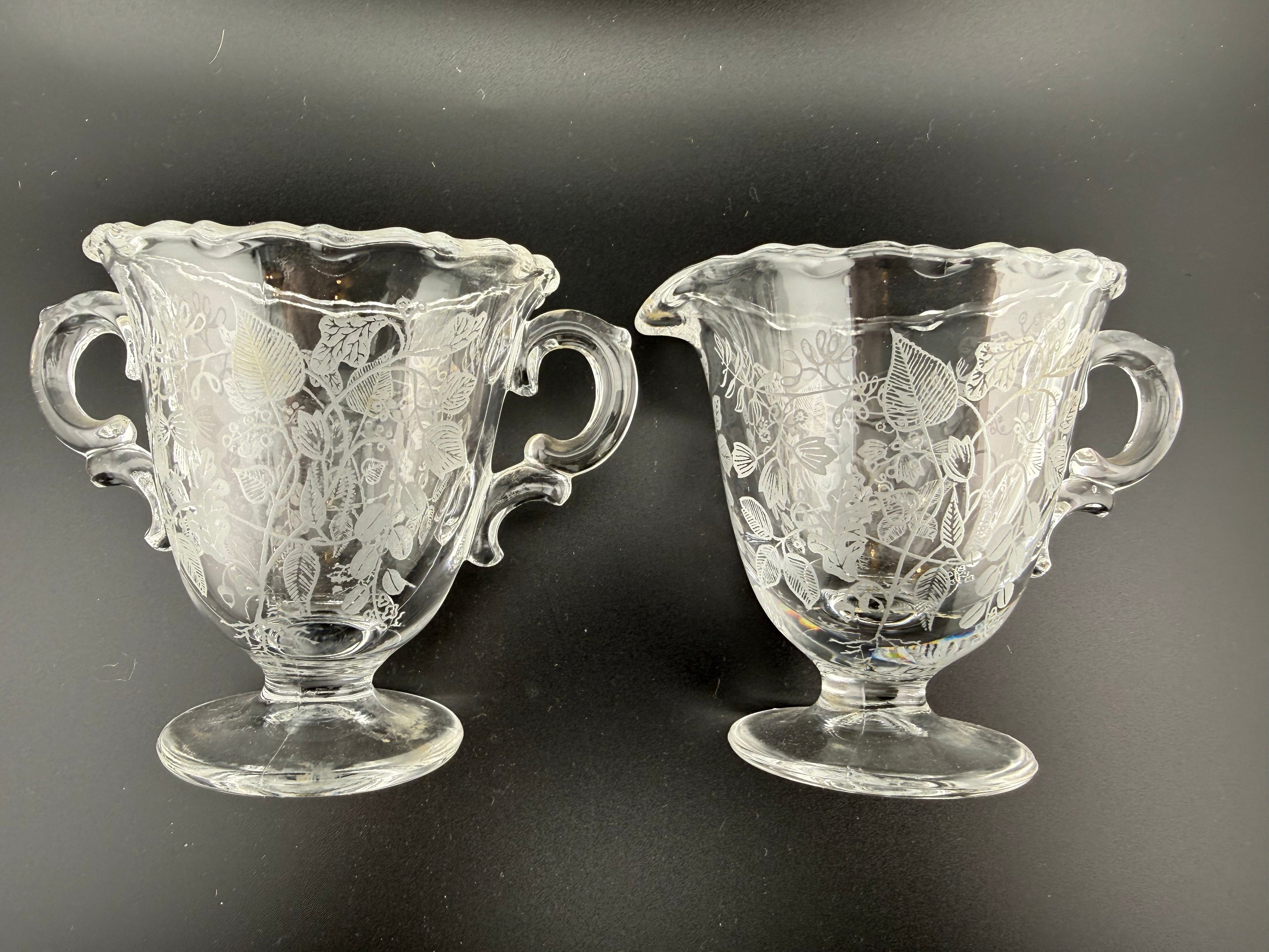Vintage Etched Glass Cream and Sugar Set with Matching Tray