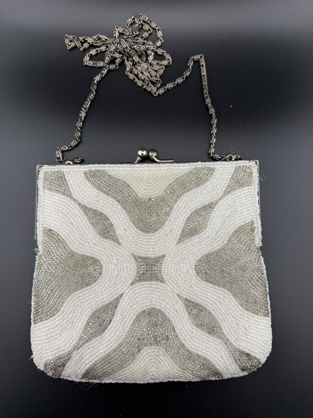 Vintage White Beaded Evening Bag with Silver Chain Strap