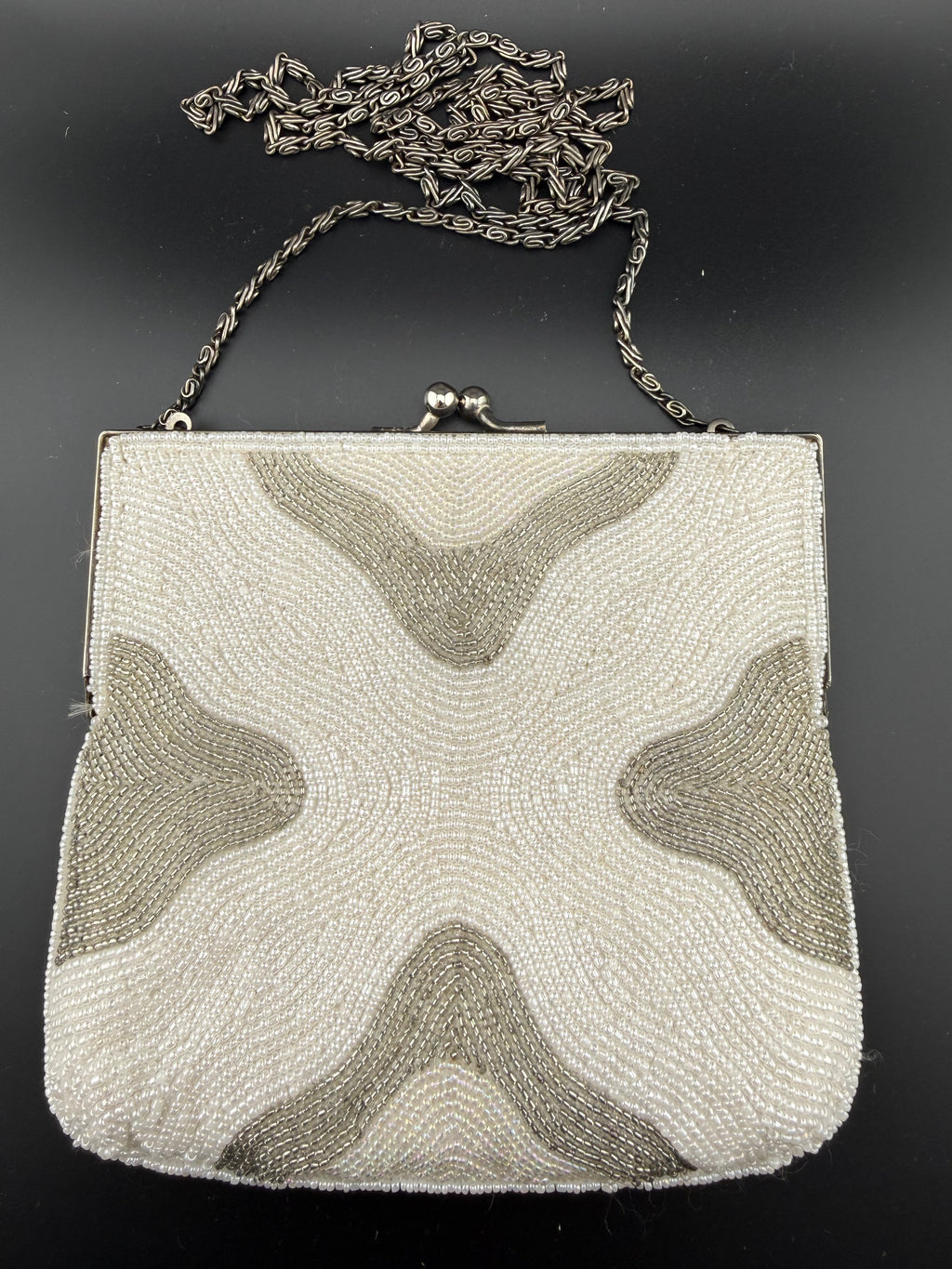 Vintage White Beaded Evening Bag with Silver Chain Strap