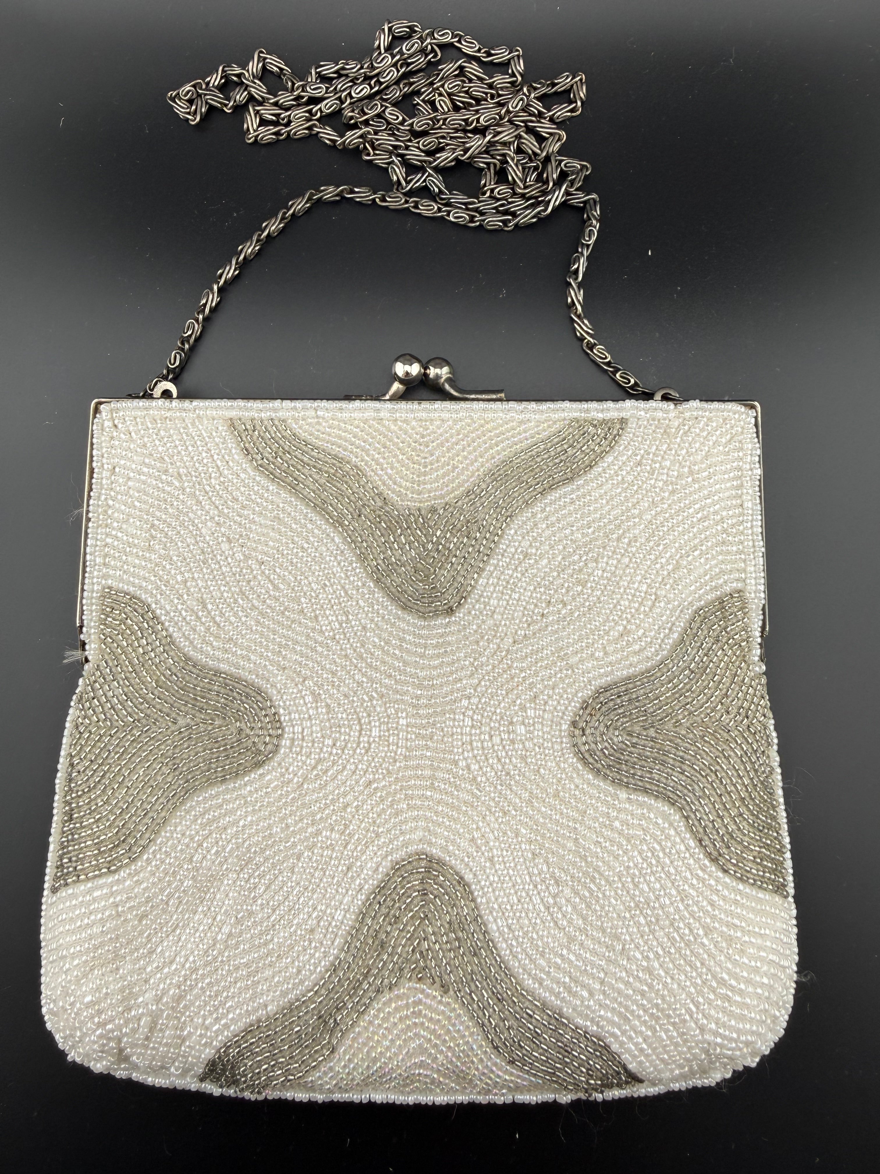 Vintage White Beaded Evening Bag with Silver Chain Strap