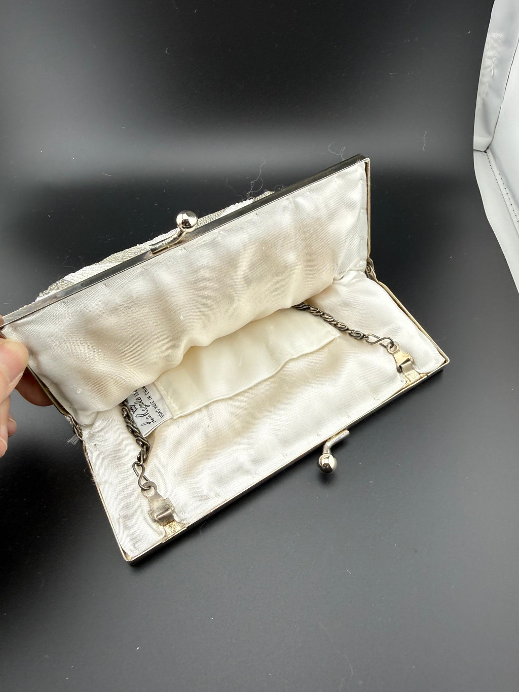 Vintage White Beaded Evening Bag with Silver Chain Strap