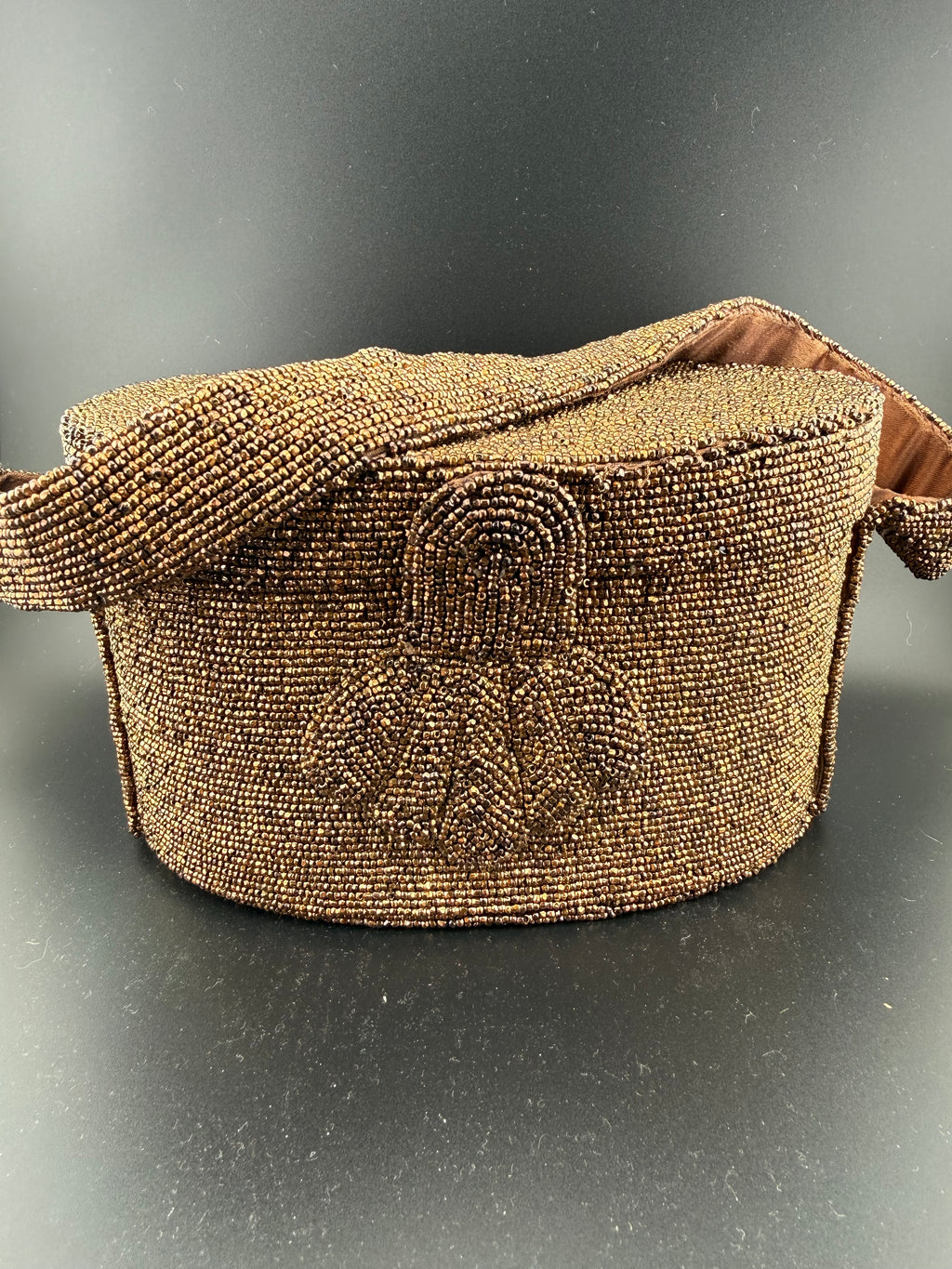 Vintage Bronze Beaded Bag with Art Deco Pattern and Beaded Handle