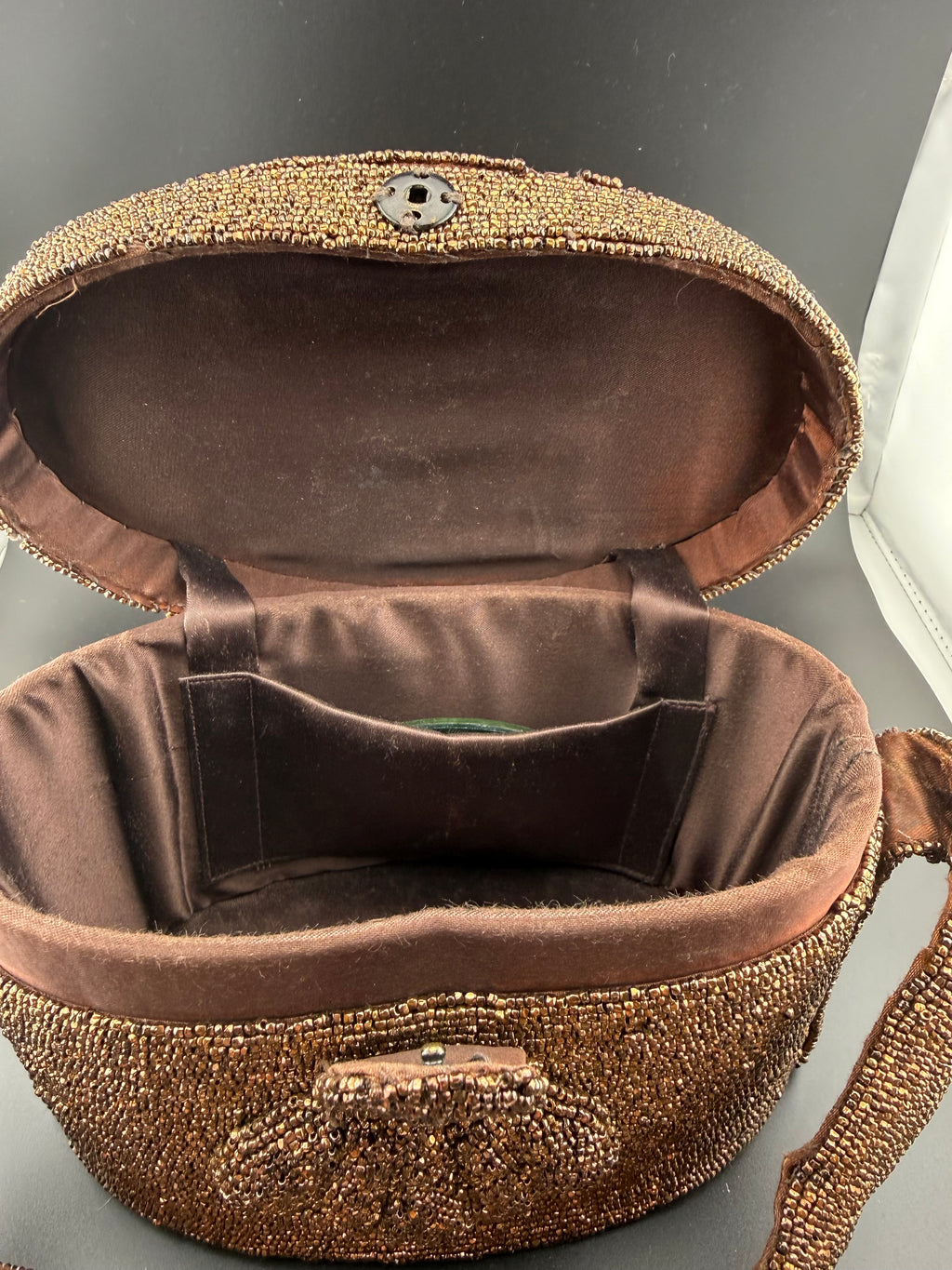 Vintage Bronze Beaded Bag with Art Deco Pattern and Beaded Handle