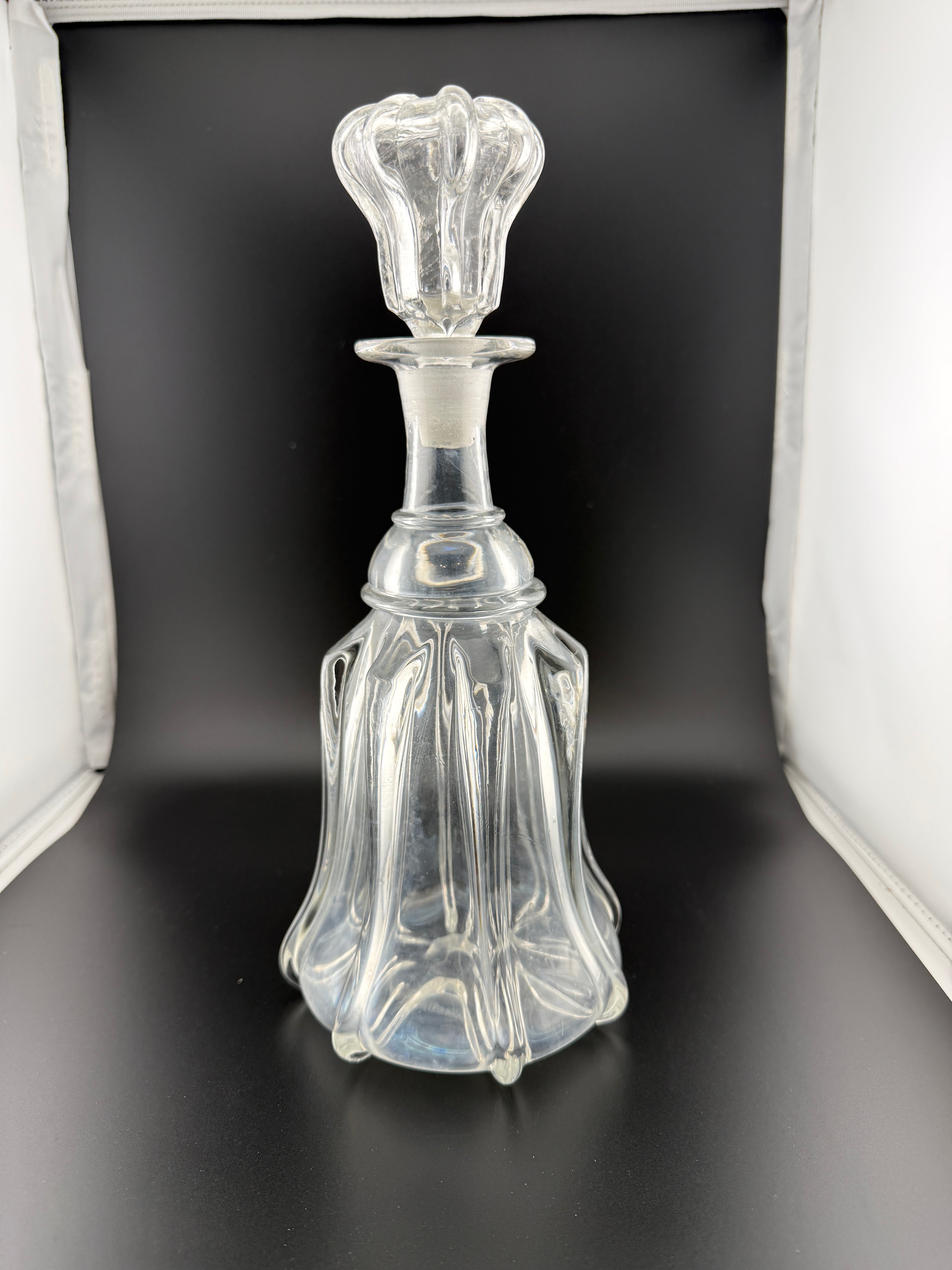 Antique Victorian Hand-Blown Glass Decanter with Stopper — Bell/Pillar Form — 11" Tall