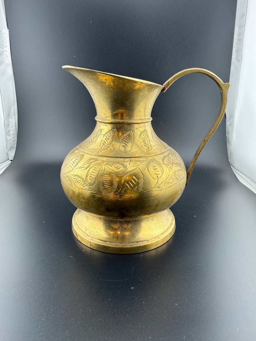 Vintage Brass Pitcher with Etched Leaf Design, Made in India