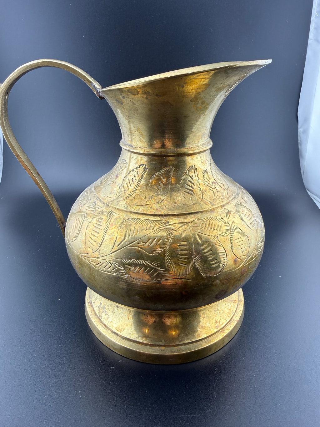 Vintage Brass Pitcher with Etched Leaf Design, Made in India