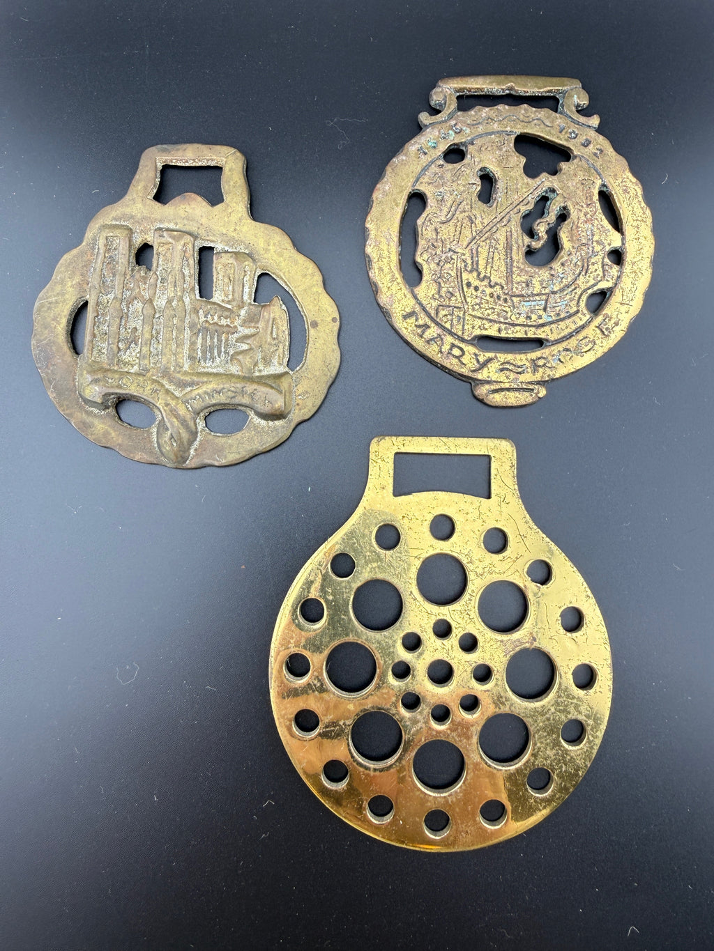 Set of 3 Vintage Brass Horse Tack Bridle Medallions — Mary Rose, Cathedral & Bubble Pierced Designs