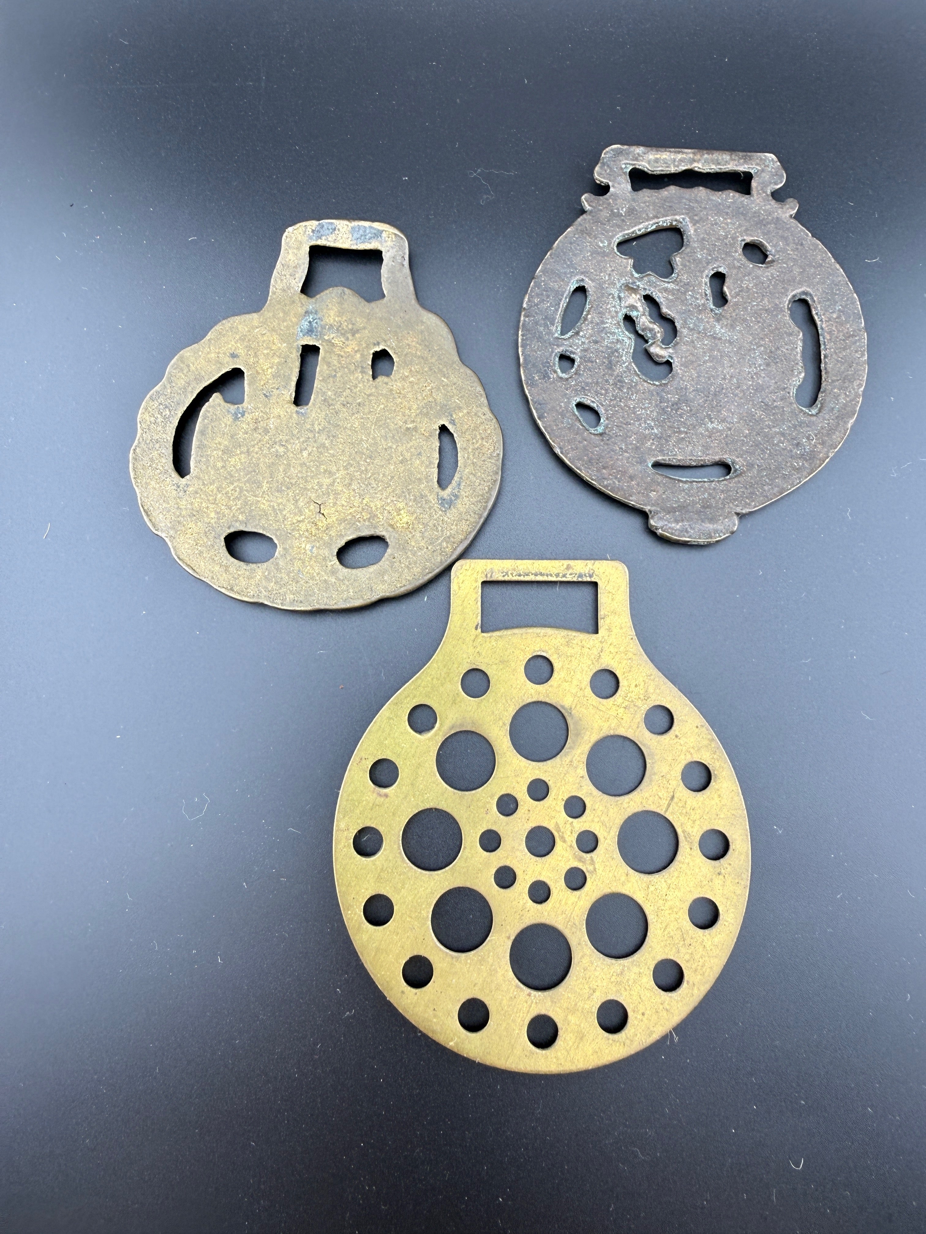 Set of 3 Vintage Brass Horse Tack Bridle Medallions — Mary Rose, Cathedral & Bubble Pierced Designs