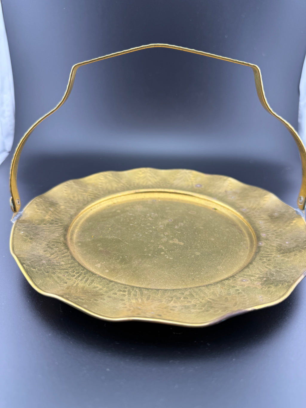 Vintage Brass Scalloped Serving Tray with Arched Handle and Engraved Floral Rim
