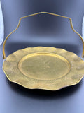 Vintage Brass Scalloped Serving Tray with Arched Handle and Engraved Floral Rim
