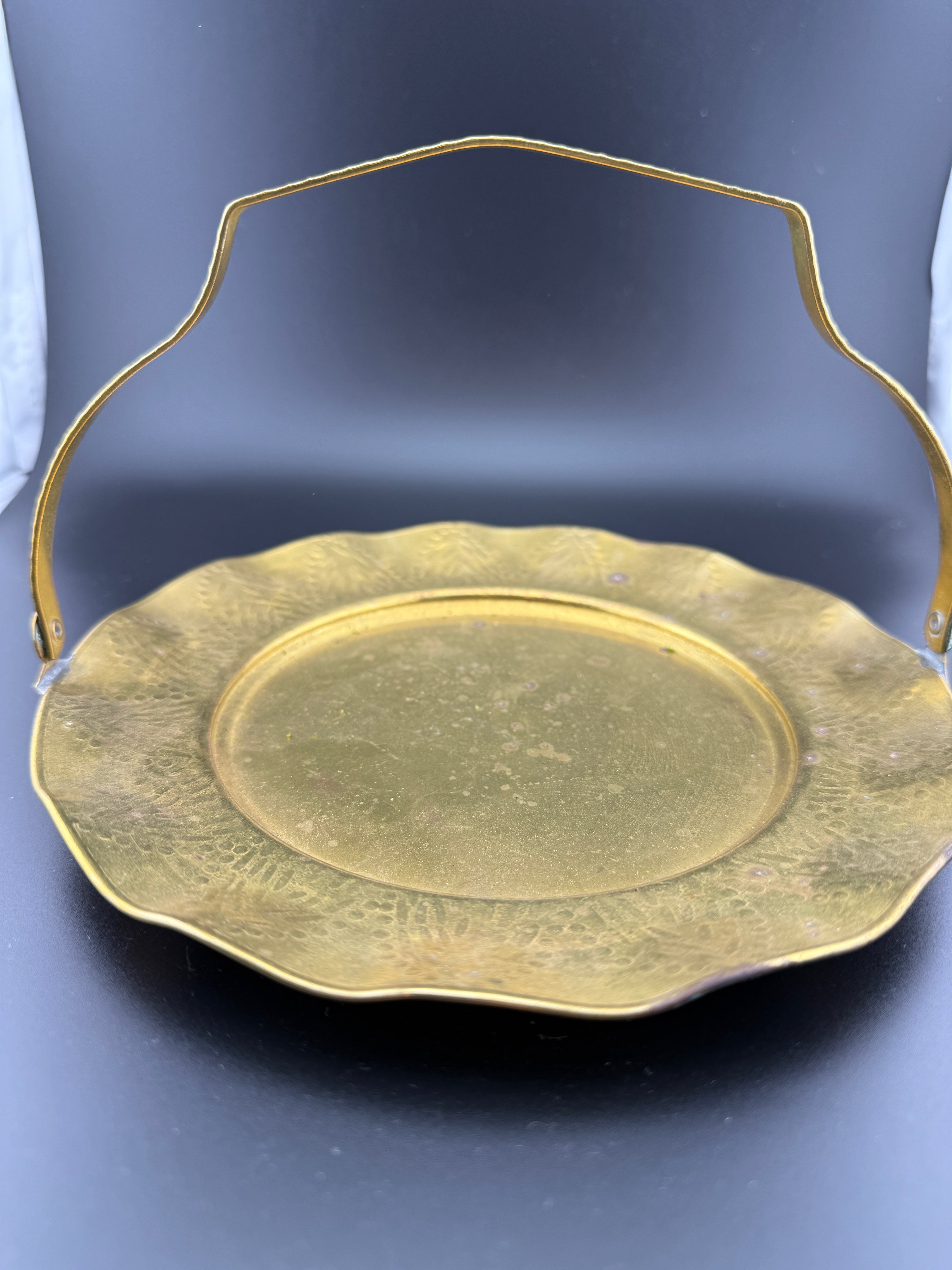 Vintage Brass Scalloped Serving Tray with Arched Handle and Engraved Floral Rim