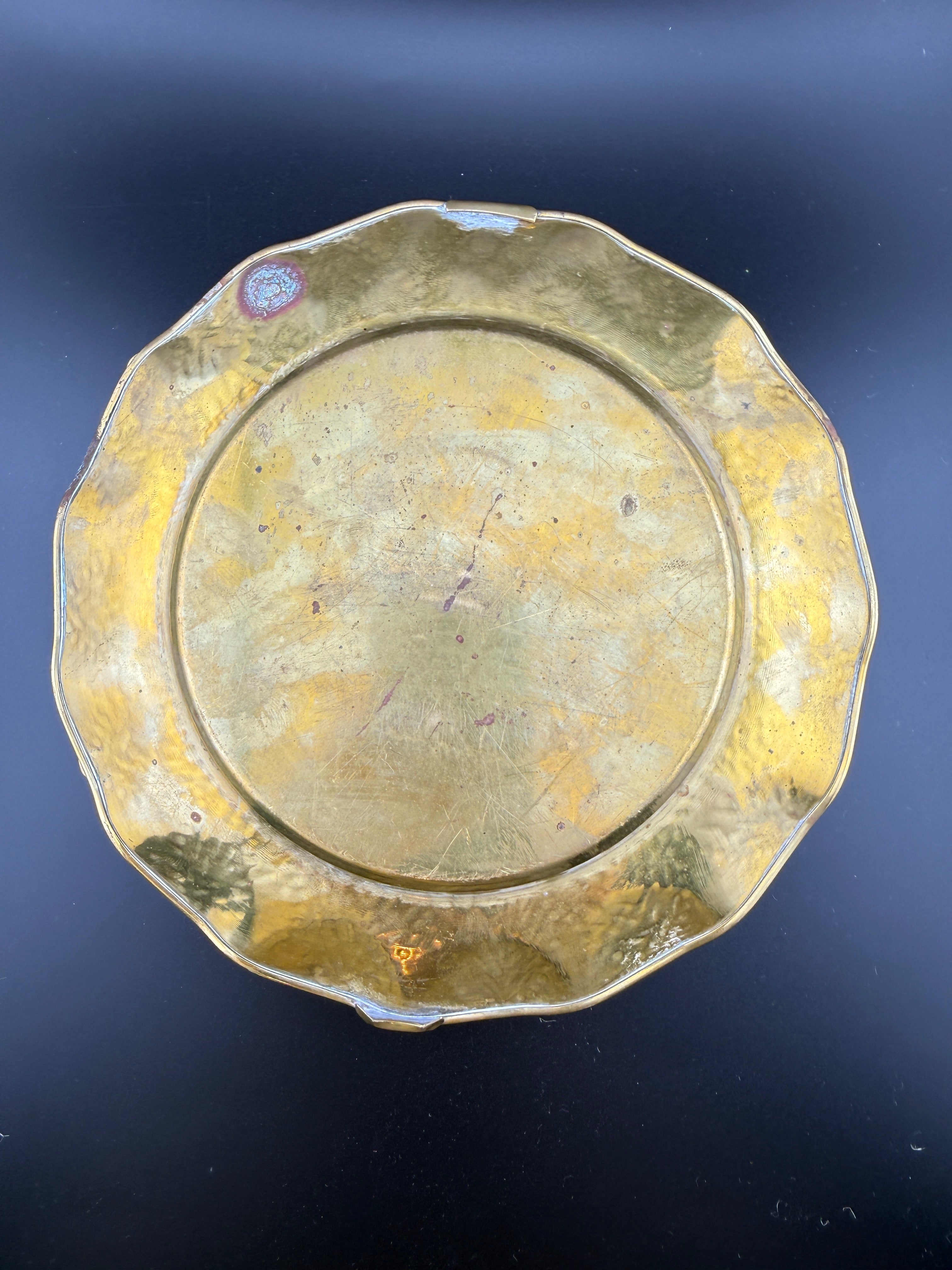 Vintage Brass Scalloped Serving Tray with Arched Handle and Engraved Floral Rim