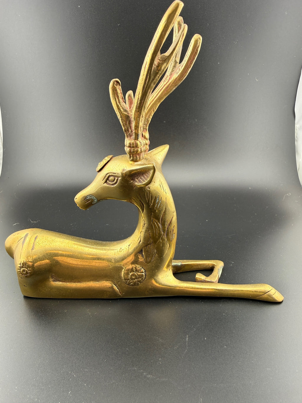 Vintage Mid-Century Leonard Solid Brass Reclining Stag Deer Figurine with Antlers, Designer Collection Korea