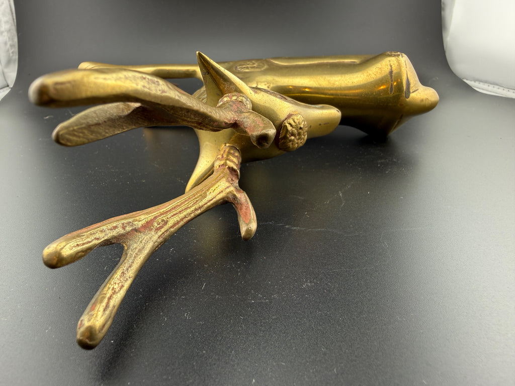 Vintage Mid-Century Leonard Solid Brass Reclining Stag Deer Figurine with Antlers, Designer Collection Korea
