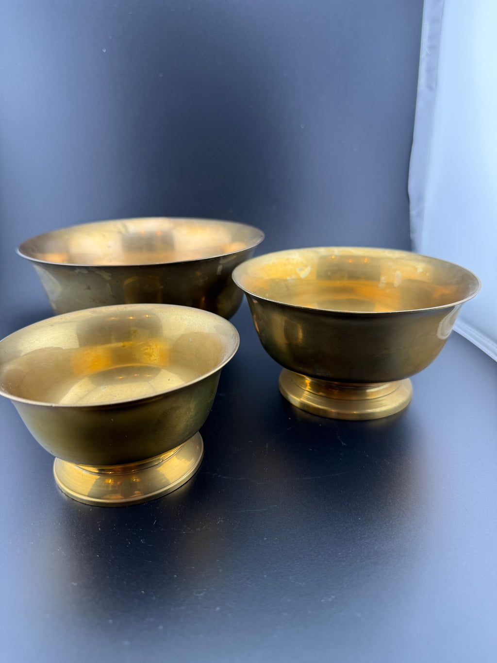 Vintage Brass Nesting Bowls — Set of 3 Graduated Footed Pedestal Bowls