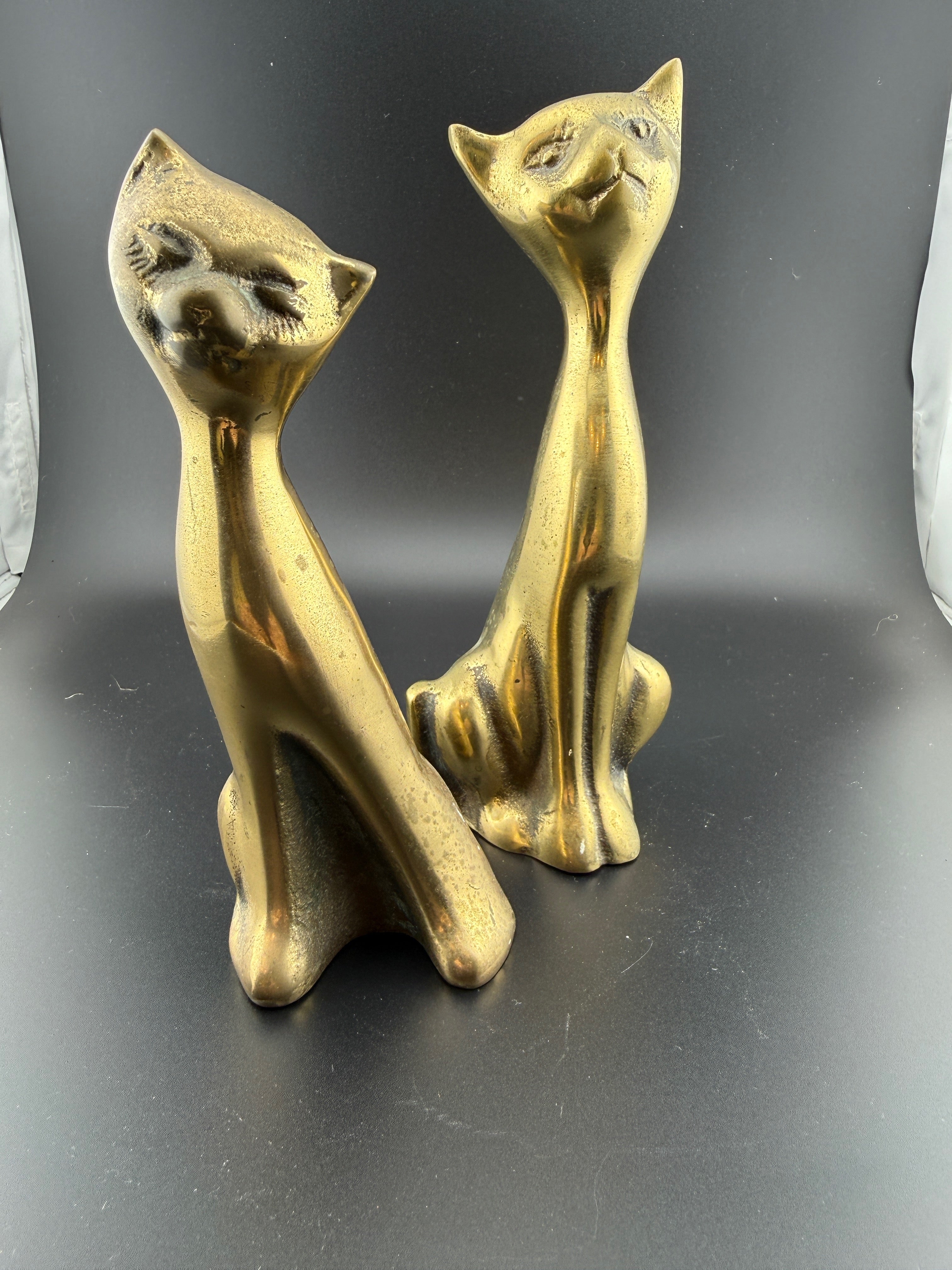 Pair of Vintage Mid-Century Modern Brass Siamese Cat Figurines, Stylized Elongated Design