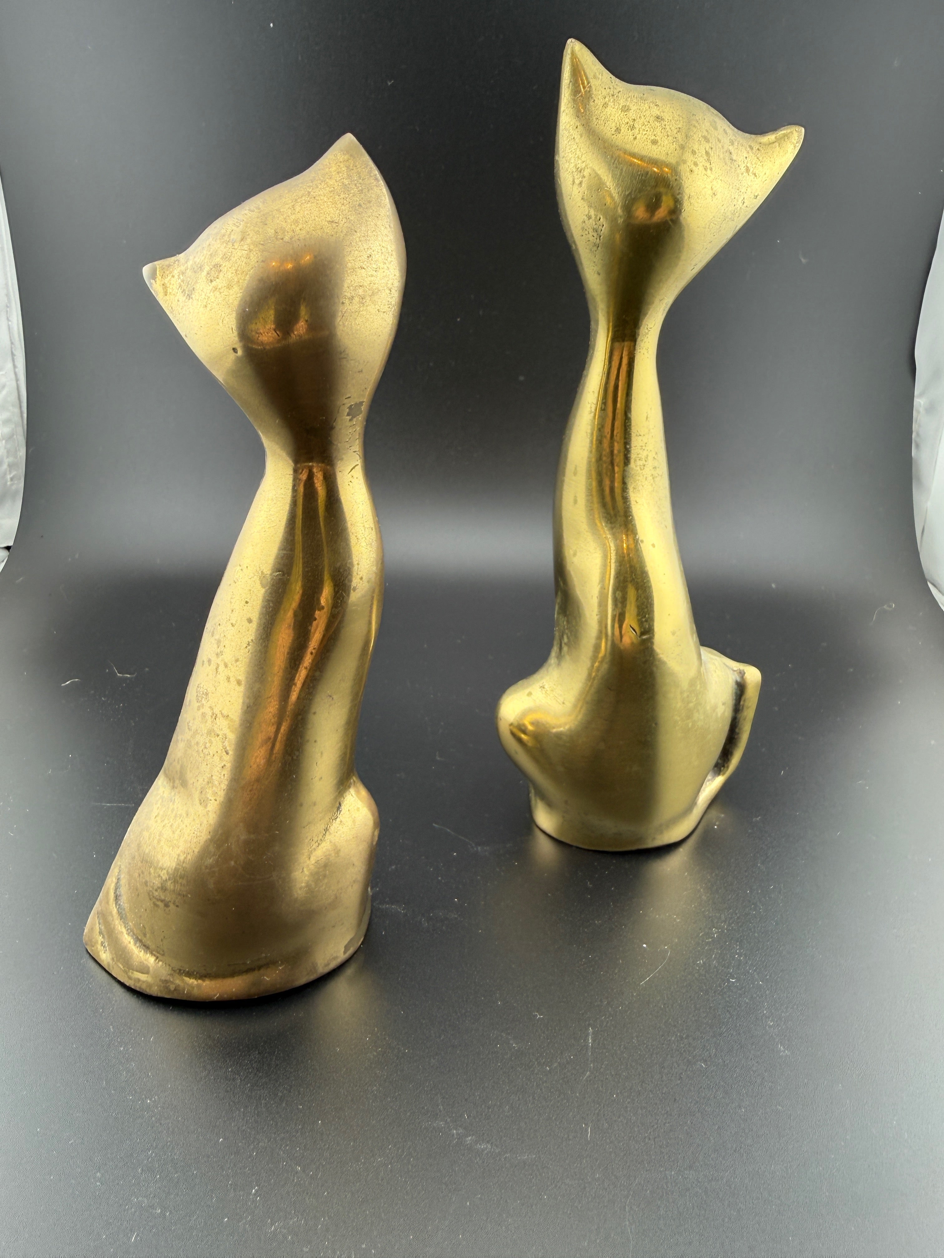 Pair of Vintage Mid-Century Modern Brass Siamese Cat Figurines, Stylized Elongated Design