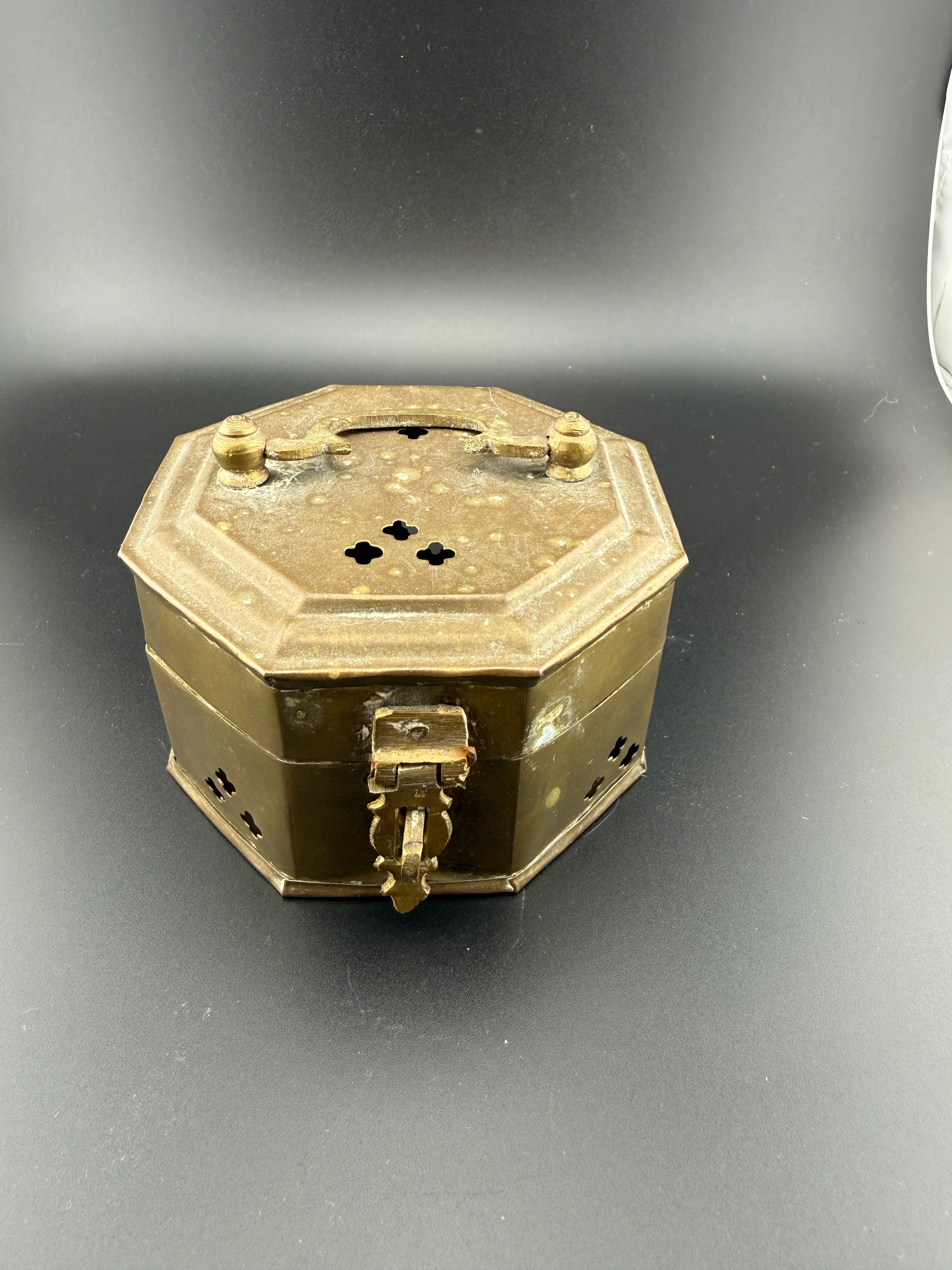 Antique Brass Octagonal Pierced Cricket Box / Hand Warmer with Hinged Lid and Decorative Latch