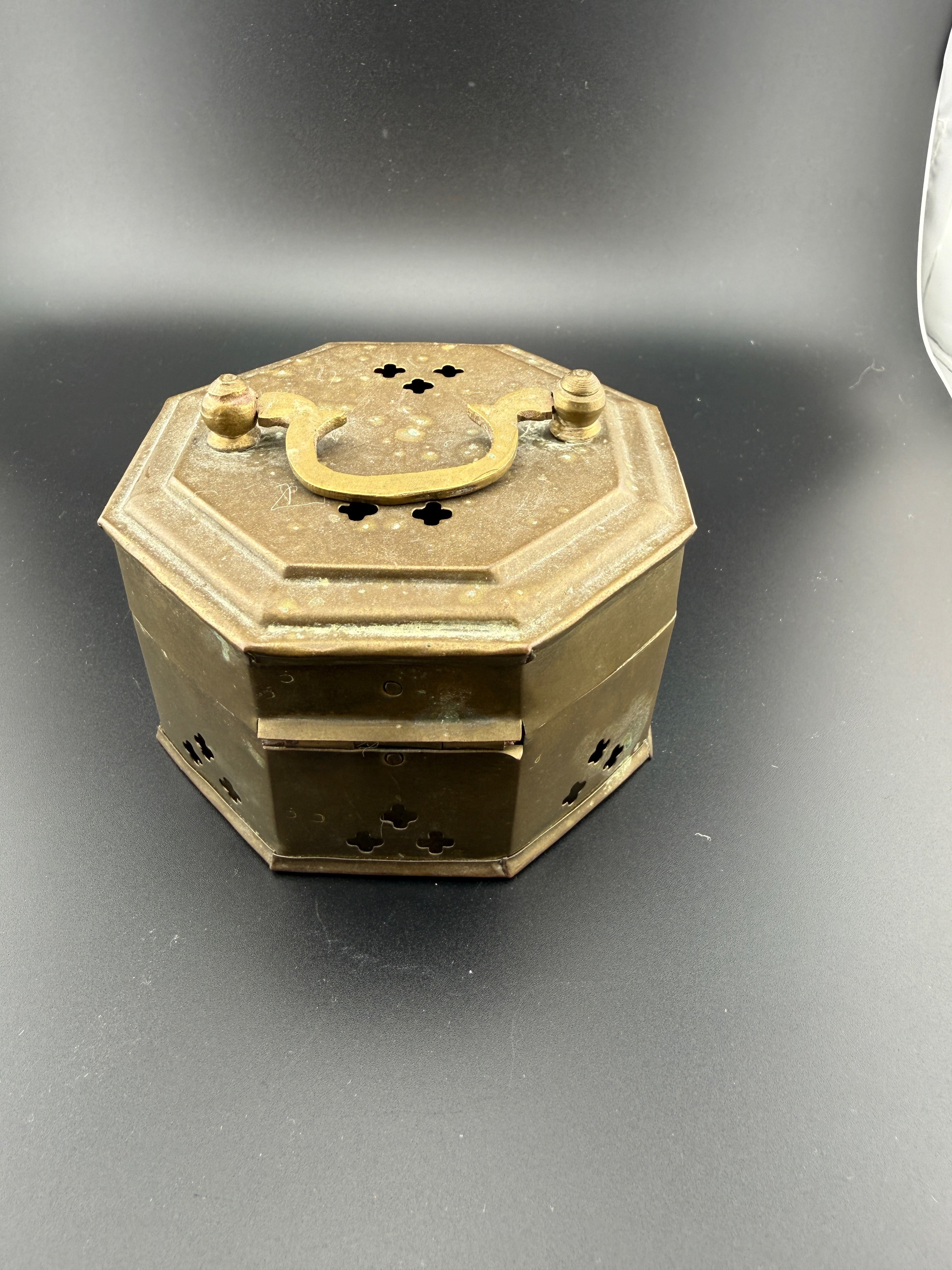Antique Brass Octagonal Pierced Cricket Box / Hand Warmer with Hinged Lid and Decorative Latch