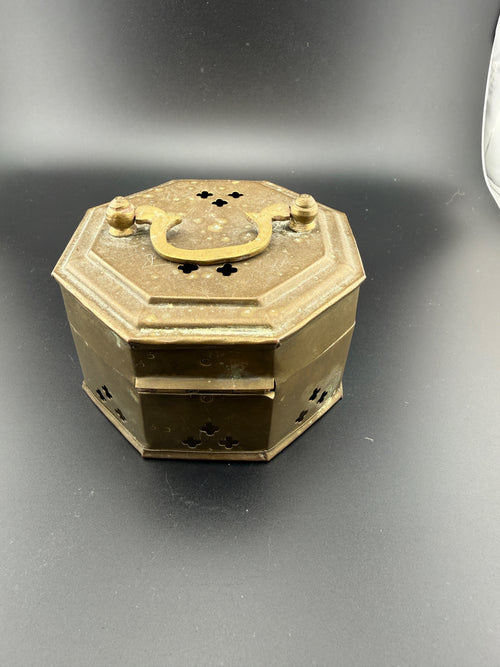Antique Brass Octagonal Pierced Cricket Box / Hand Warmer with Hinged Lid and Decorative Latch