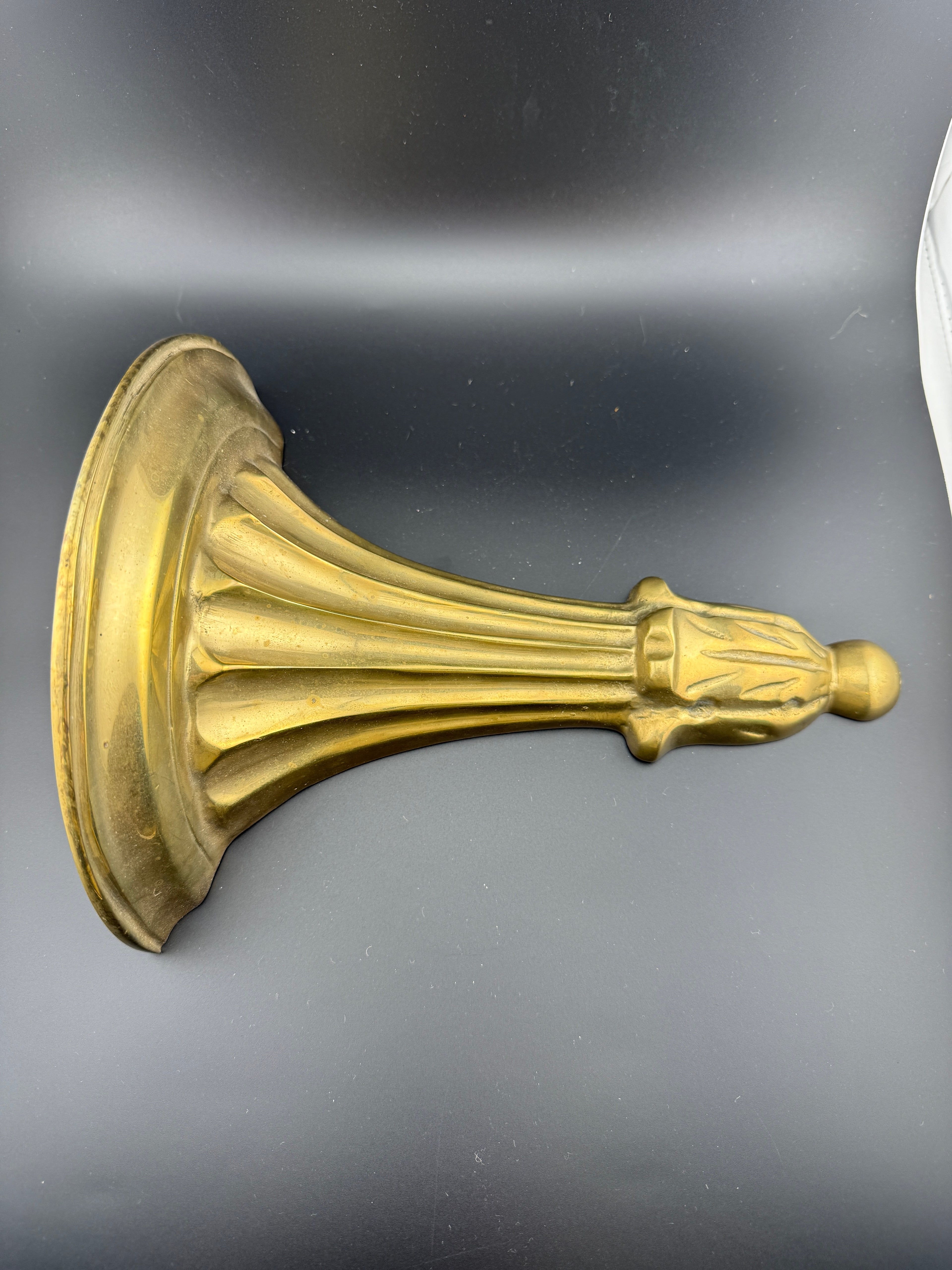 Vintage Brass Trumpet Form Wall Sconce Shelf with Reeded Fluting and Ball Finial