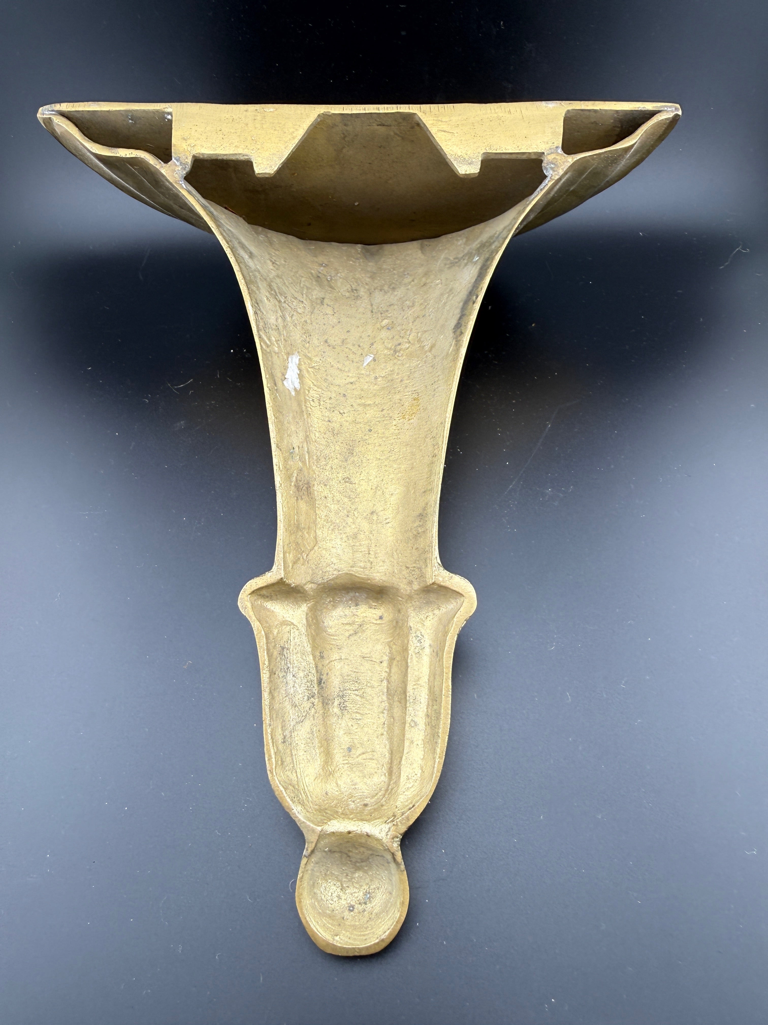 Vintage Brass Trumpet Form Wall Sconce Shelf with Reeded Fluting and Ball Finial