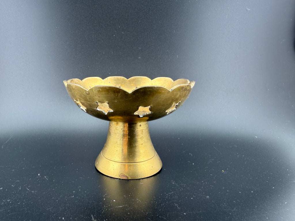 Vintage Brass Pedestal Compote with Scalloped Rim and Pierced Star Cut-Outs, Candle Holder