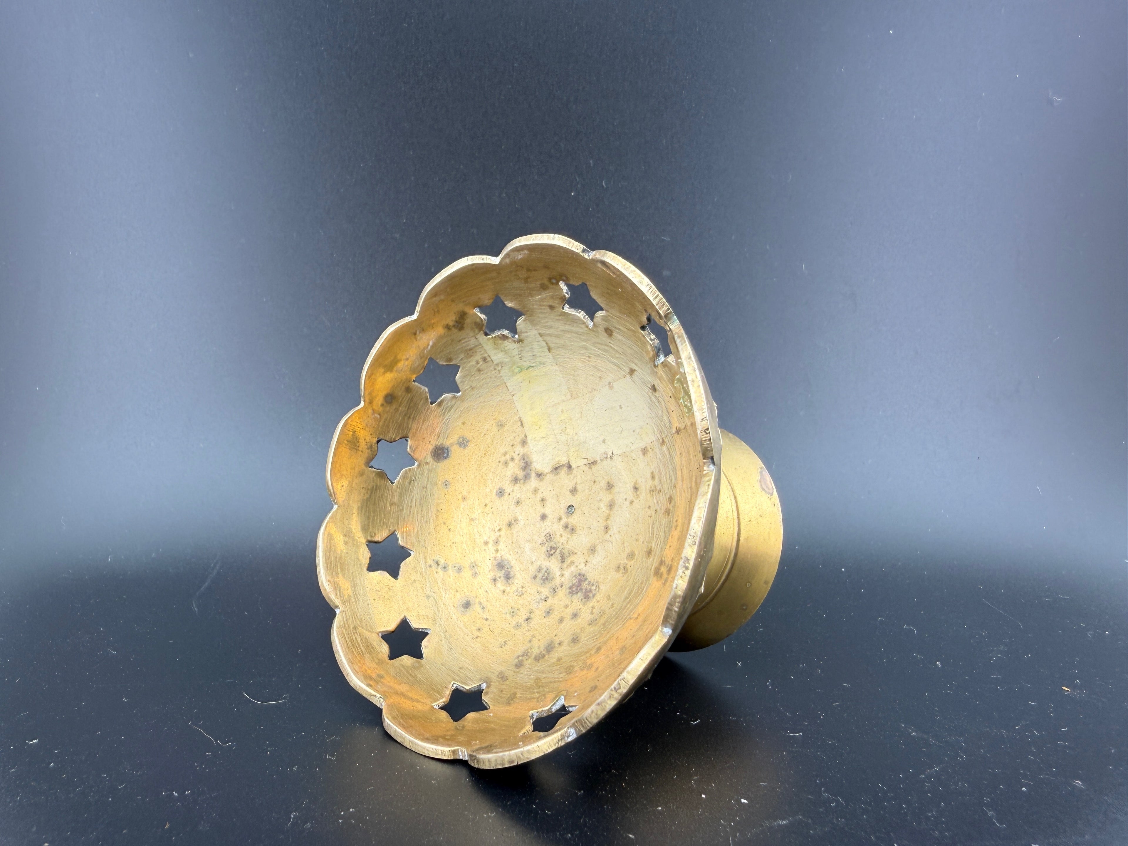 Vintage Brass Pedestal Compote with Scalloped Rim and Pierced Star Cut-Outs, Candle Holder