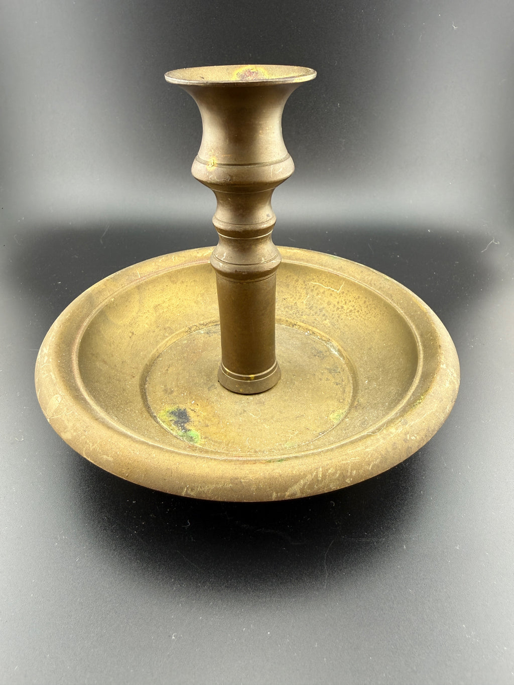 Vintage Brass Chamber Candlestick with Wide Drip Tray Base, Turned Baluster Stem