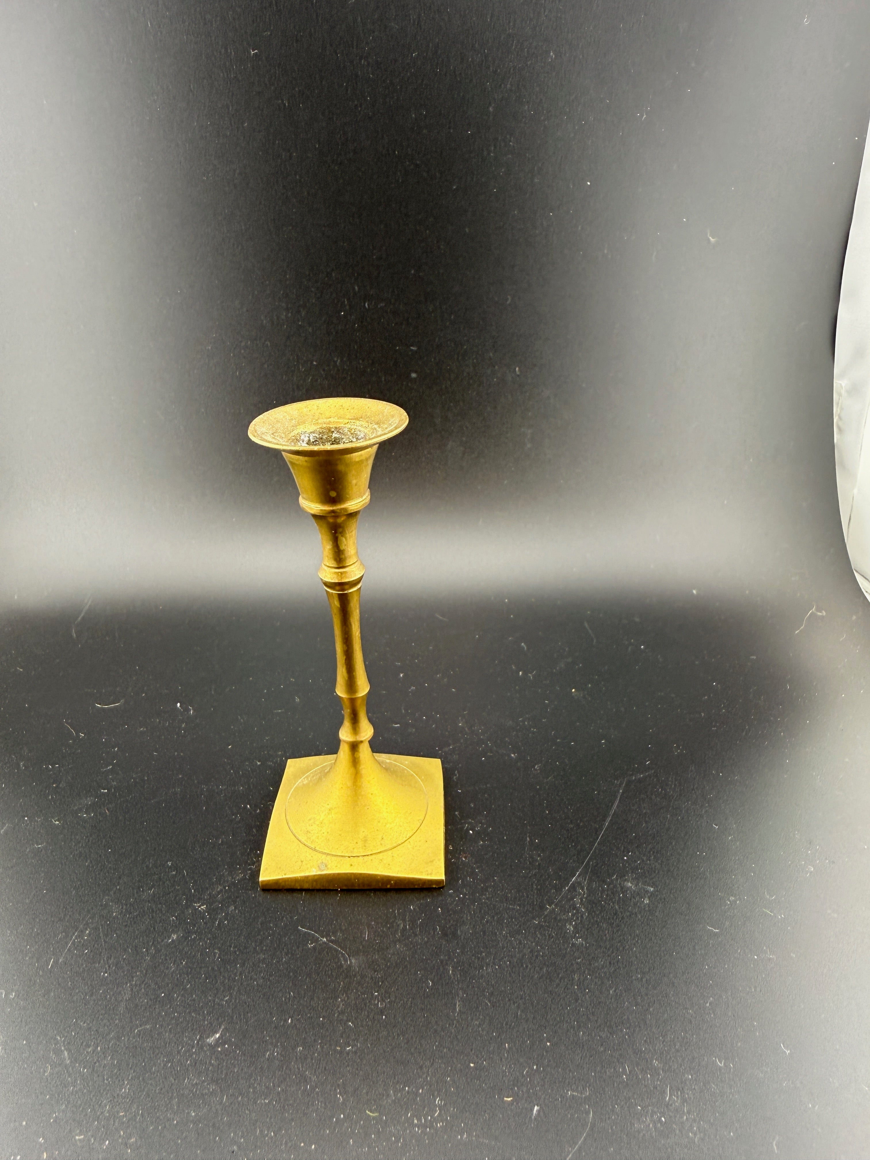 Vintage Brass Mini Candlestick with Bamboo Style Stem and Square Base, 3.5" Tall
