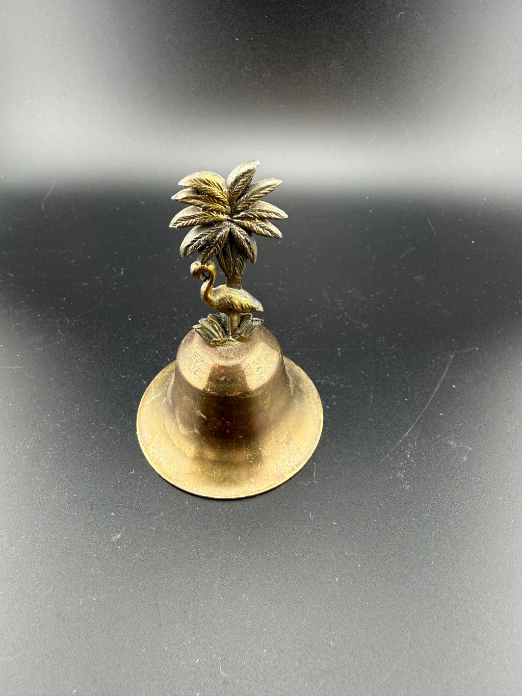 Vintage Brass Flamingo & Palm Tree Figural Bell – 3" Tall