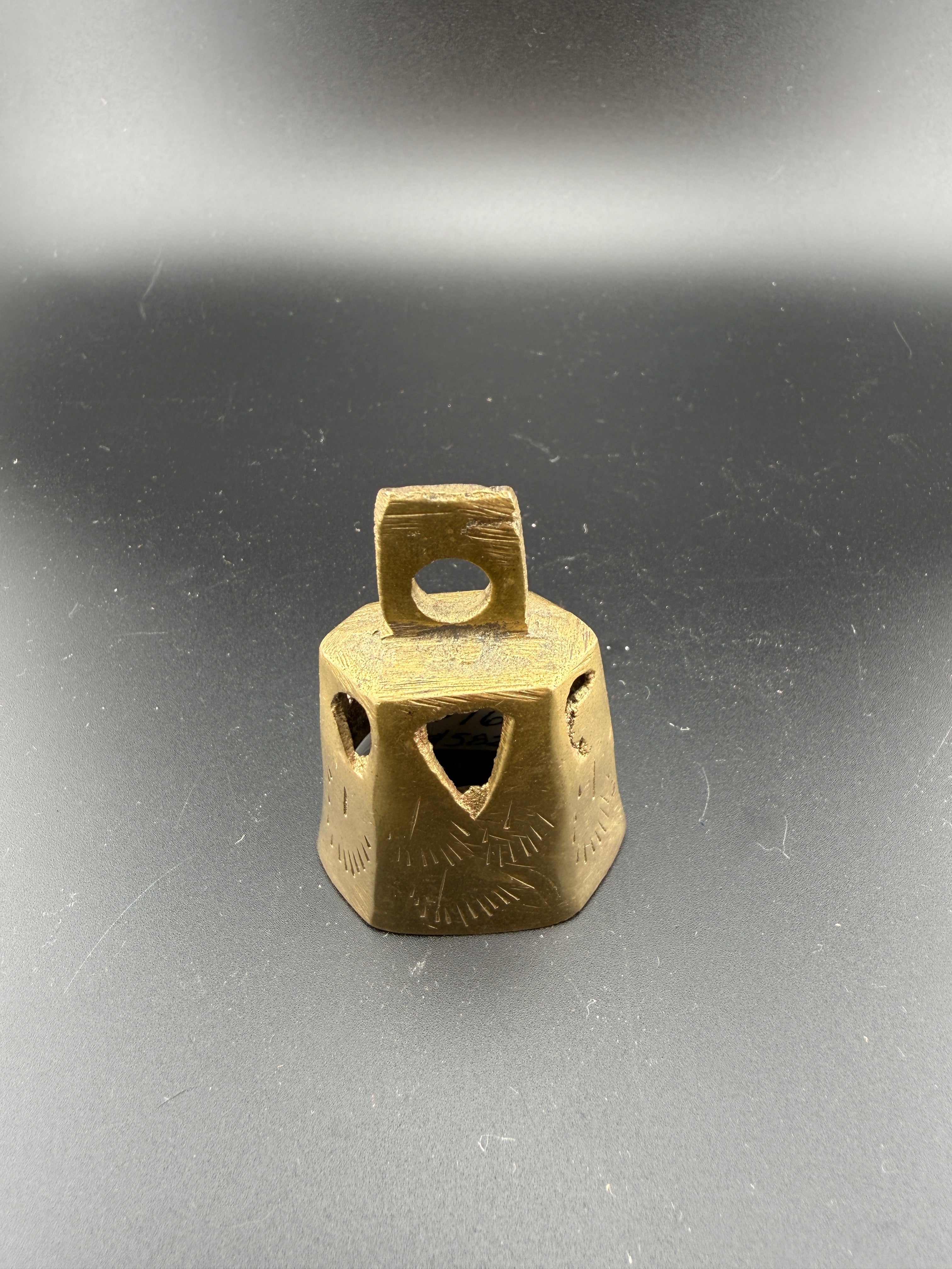 Vintage Engraved Brass Cow Bell with Heart Cutouts — 2.75" x 1.5"