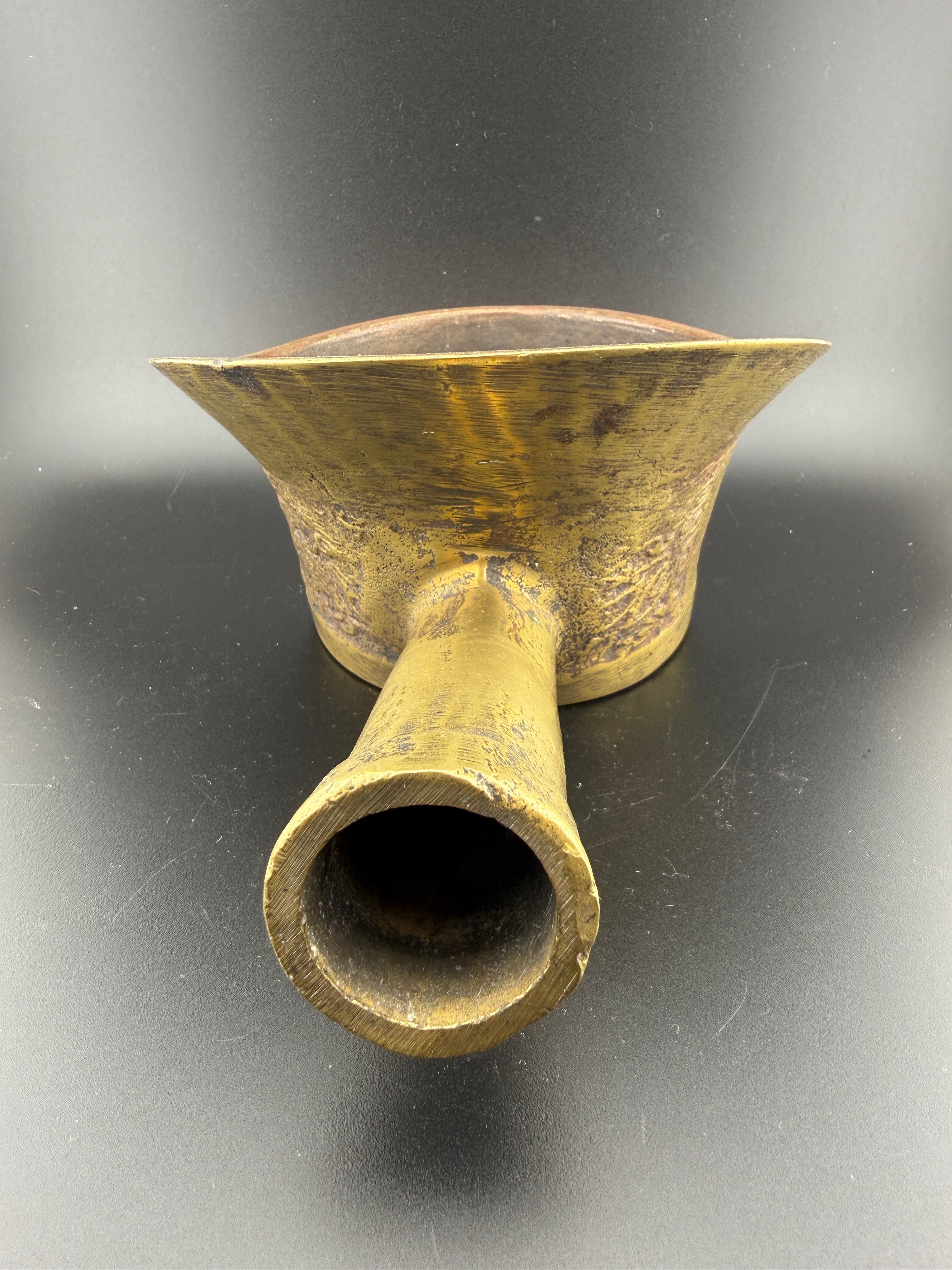 Antique Chinese Brass Coal Silk Ritual Pouring Vessel (Yi) — 7.5" x 3" Tall
