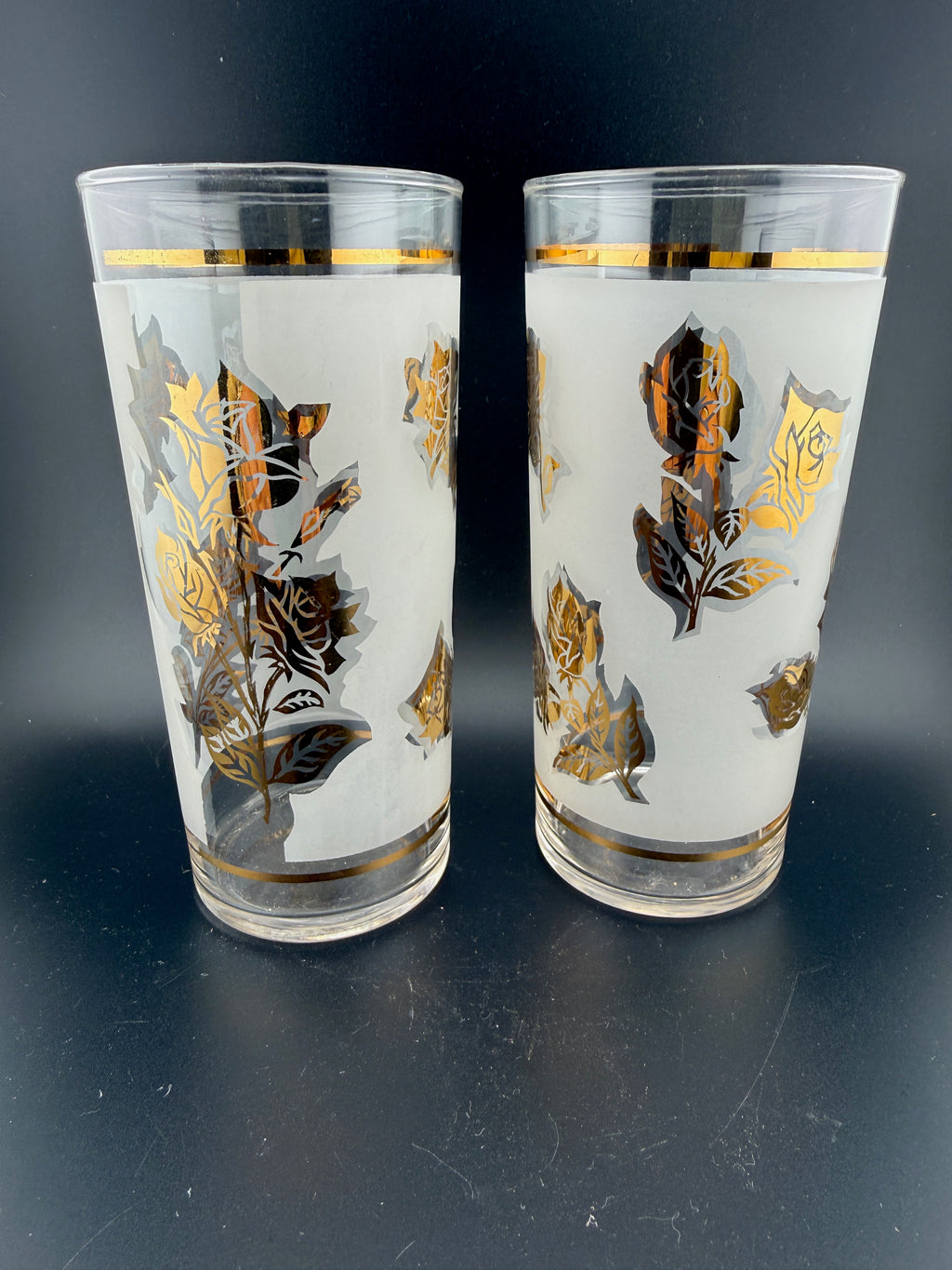 Libbey Golden Foliage Frosted Highball Glasses — Pair — 6" Tall