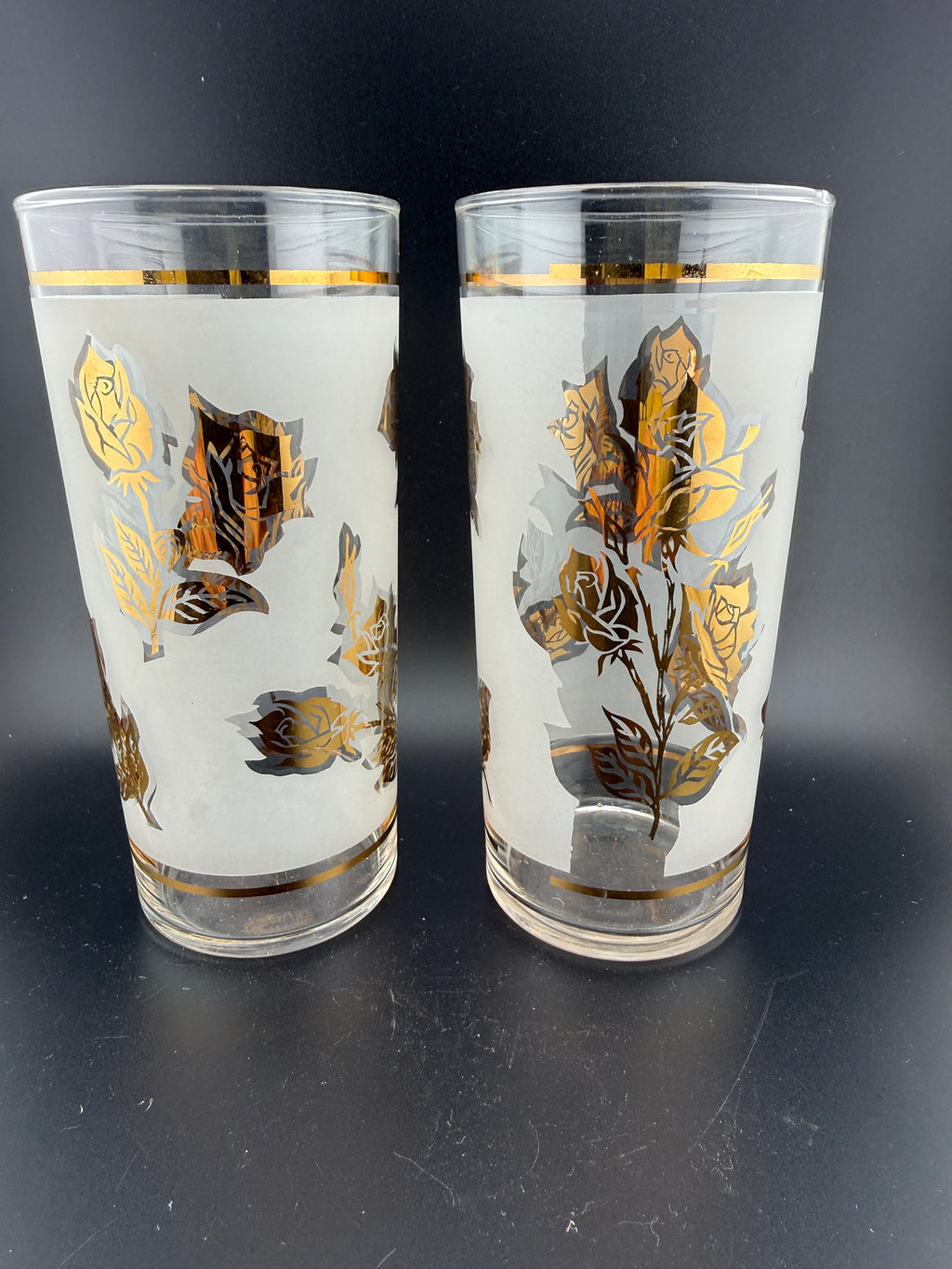 Libbey Golden Foliage Frosted Highball Glasses — Pair — 6" Tall